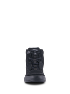 Alpinestars Chrome Air schoen, urban motorrijschoen, zwart, vooraanzicht met bovenwerk van gespleten suède en mesh, elastische vetersluiting en casual high-top sneakerontwerp