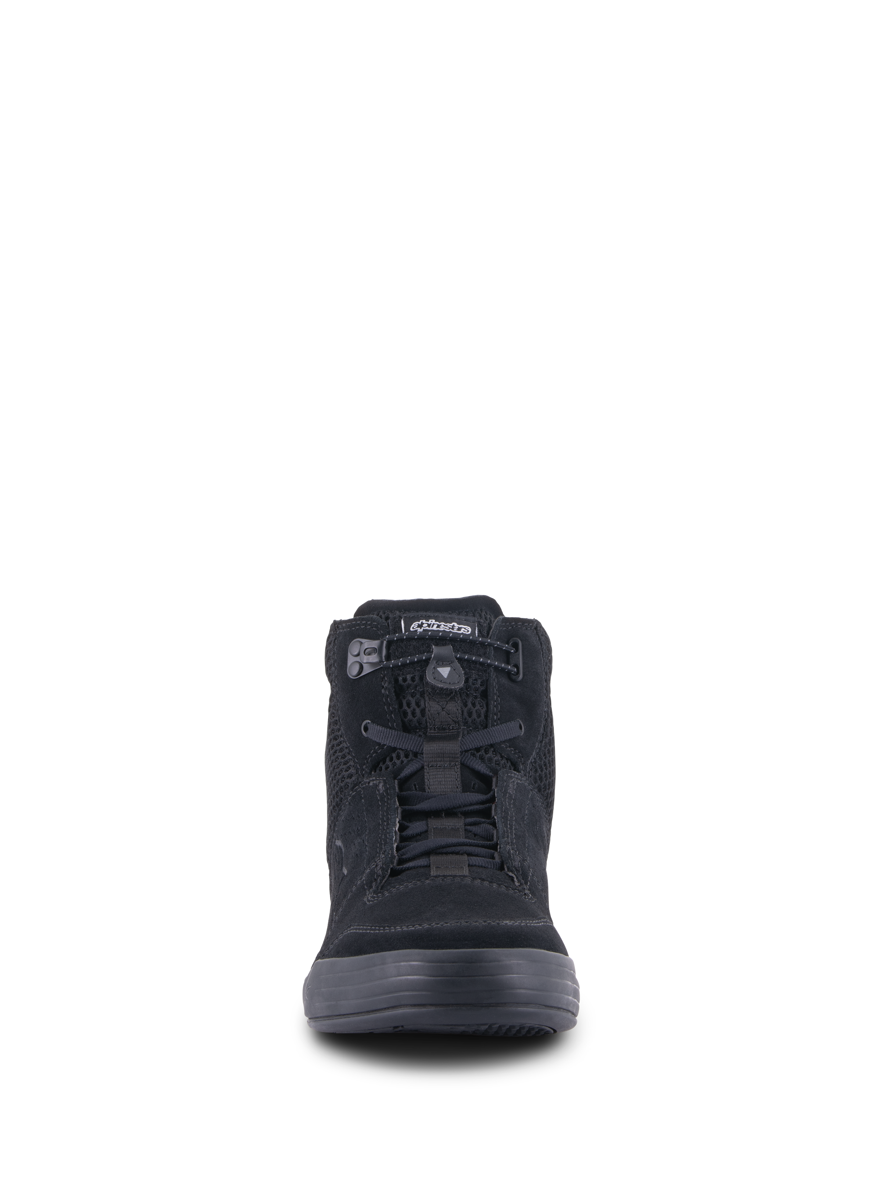 Alpinestars Chrome Air schoen, urban motorrijschoen, zwart, vooraanzicht met bovenwerk van gespleten suède en mesh, elastische vetersluiting en casual high-top sneakerontwerp