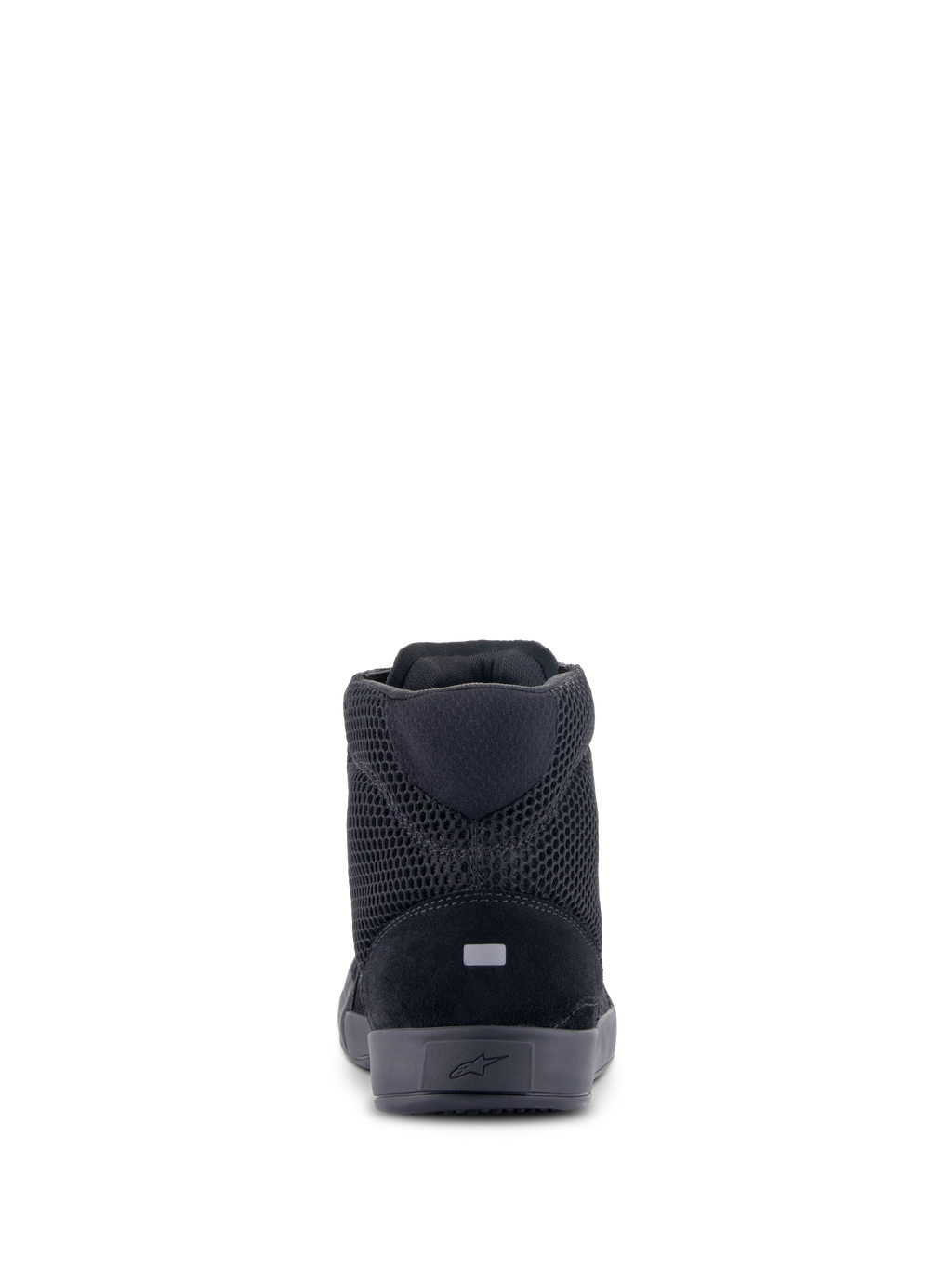 Alpinestars Chrome Air schoen, motorschoen, zwart zwart, achteraanzicht met ademend mesh en bovenwerk van gespleten suède, reflecterend hieldetail en casual stedelijk beschermend schoenontwerp