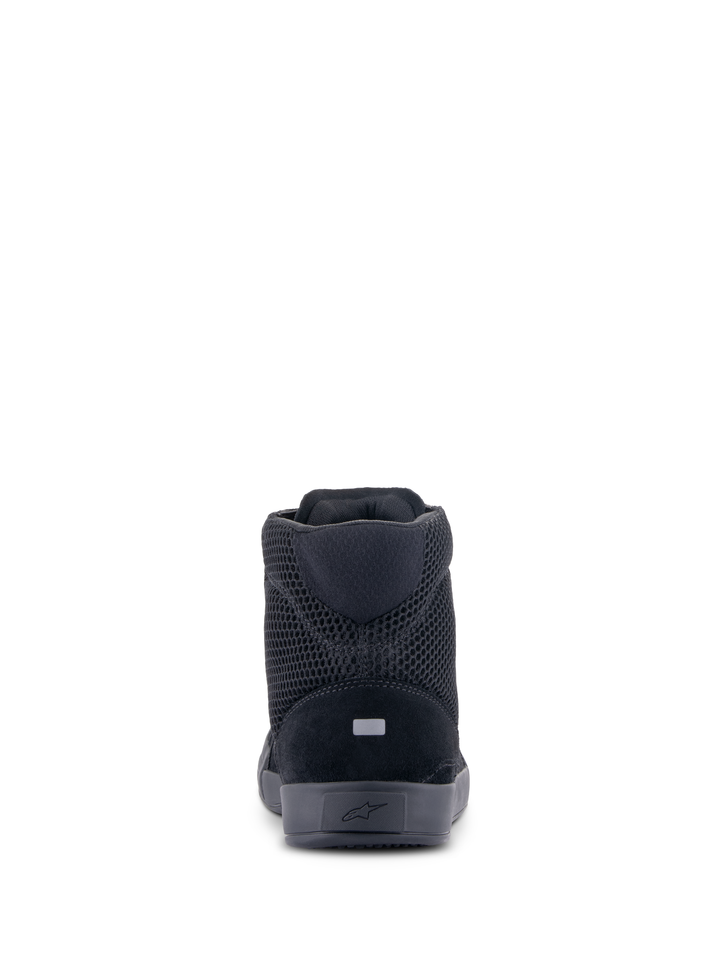 Alpinestars Chrome Air schoen, motorschoen, zwart zwart, achteraanzicht met ademend mesh en bovenwerk van gespleten suède, reflecterend hieldetail en casual stedelijk beschermend schoenontwerp