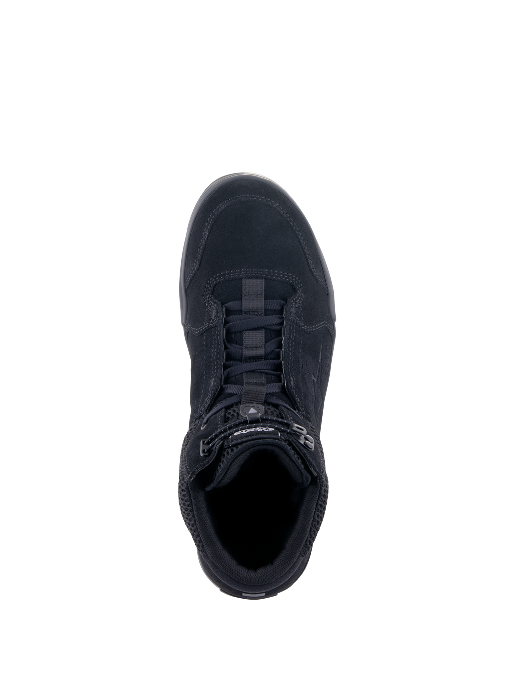 Alpinestars Chrome Air schoen, stedelijke motorschoen, zwart zwart, bovenaanzicht met bovenwerk van gespleten suède en mesh, vetersysteem met elastische sluiting, casual sneakerontwerp voor stedelijk woon-werkverkeer