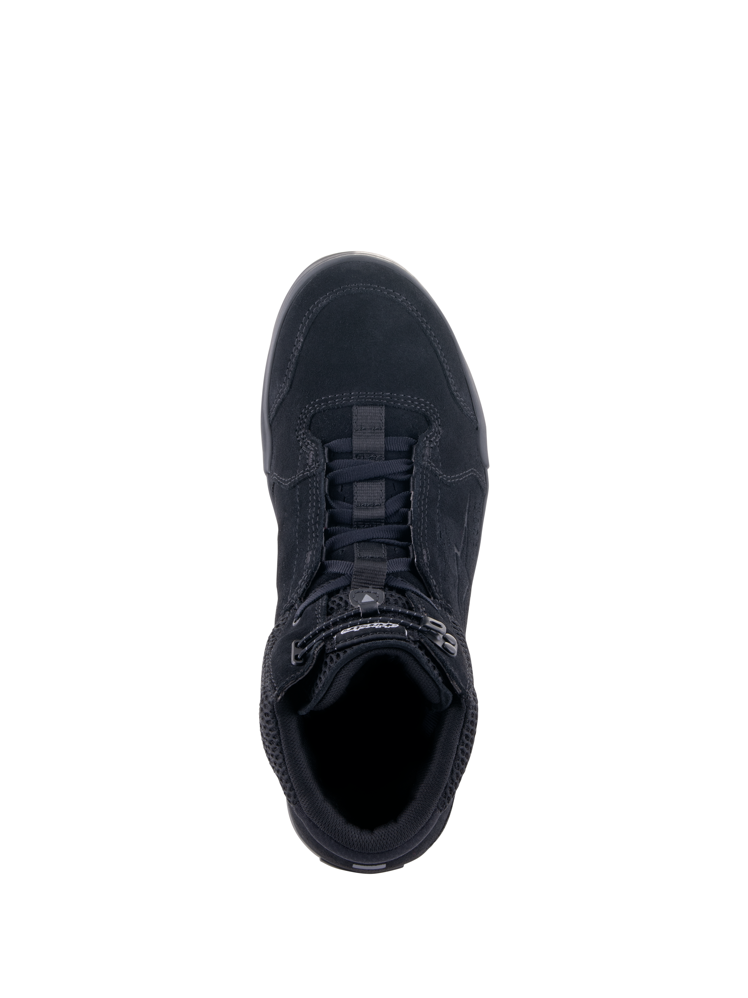 Alpinestars Chrome Air schoen, stedelijke motorschoen, zwart zwart, bovenaanzicht met bovenwerk van gespleten suède en mesh, vetersysteem met elastische sluiting, casual sneakerontwerp voor stedelijk woon-werkverkeer