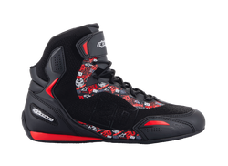 Alpinestars FQ20 Faster-3 Rideknit Shoes, Black high-top motorcycle riding shoes with bright red and white graphics, featuring Fabio Quartararo logos and patterns, knitted mesh upper with laces and ankle strap, sporty rubber sole with red accents, sleek racing-inspired design