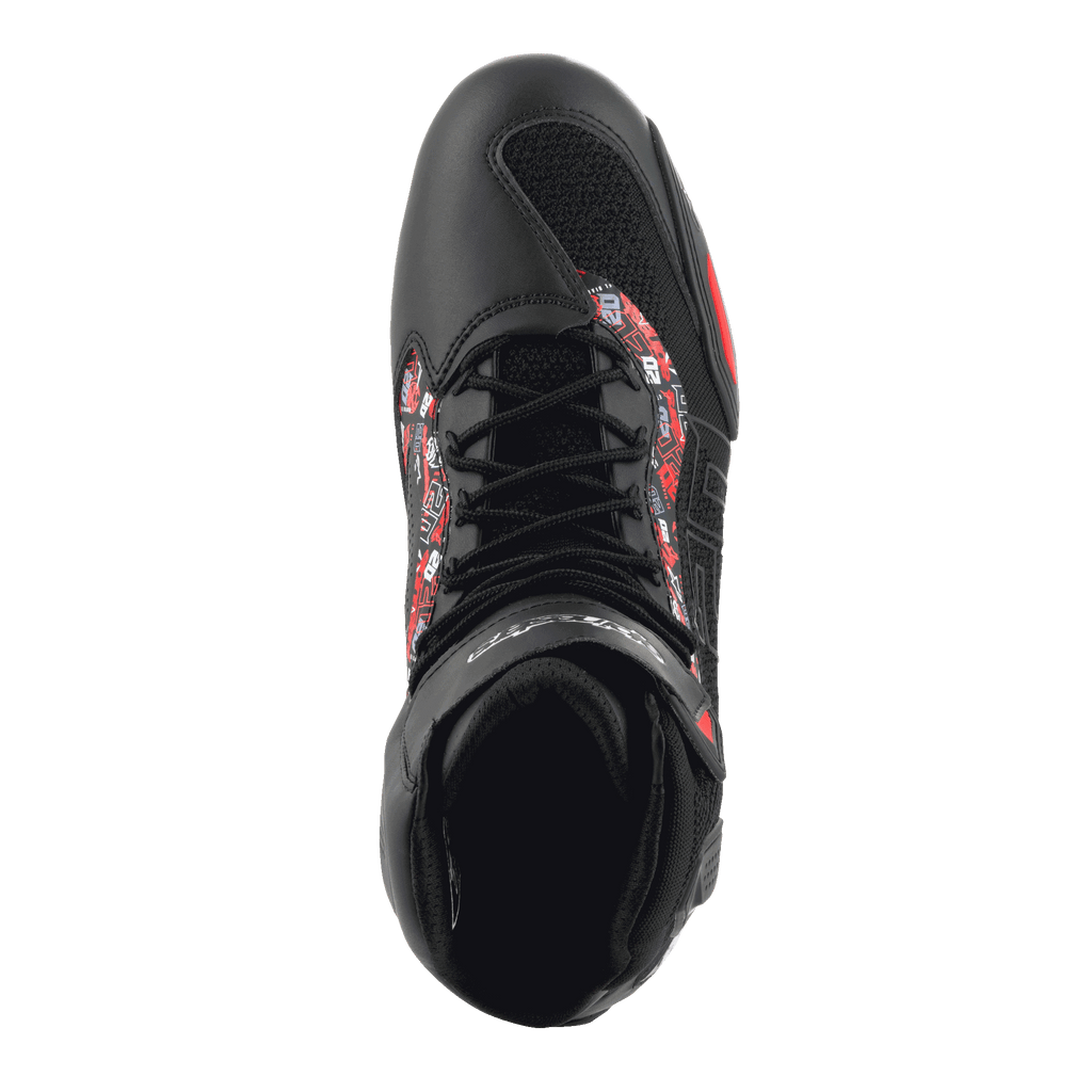 Alpinestars FQ20 Faster-3 Rideknit® Shoes, top-down view, Black and Bright Red, athletic design with laces and breathable mesh, featuring red and white graphic accents on the sides, urban sport motorcycle riding footwear