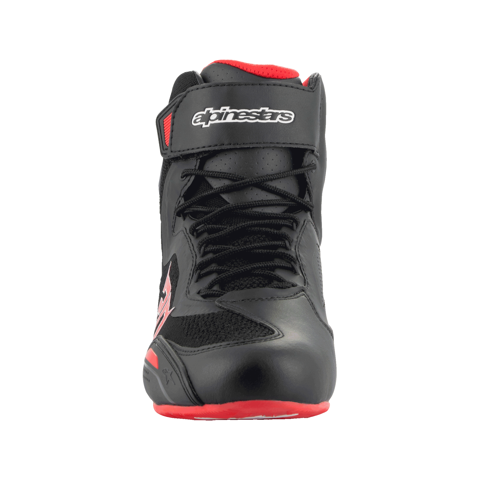 Alpinestars FQ20 Faster-3 Rideknit® Shoes, Motorcycle Riding Shoes, Black and Bright Red, front view showing lace closure and hook-and-loop top strap with Alpinestars branding, technical microfiber and breathable knit construction.