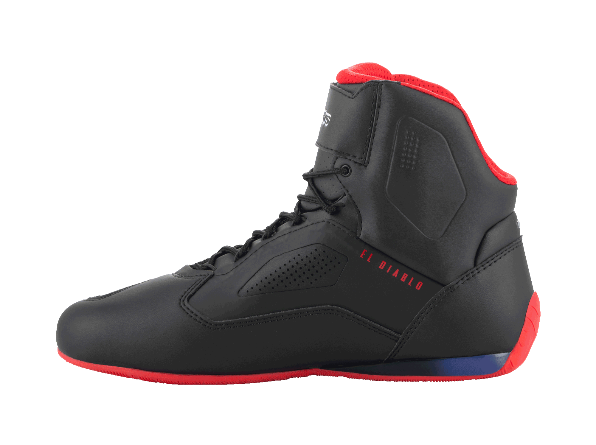 Alpinestars FQ20 Faster-3 Rideknit® Shoes, Motorcycle Riding Shoes, Black Bright Red and Blue, side profile view featuring 'EL DIABLO' text in red, red sole and collar lining, breathable mesh and microfiber construction with perforated side panels.