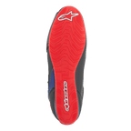 Alpinestars FQ20 Faster-3 Rideknit® Shoes, bottom view of the sole, bright red with white Alpinestars logo and script, textured grip pattern for motorcycle riding.