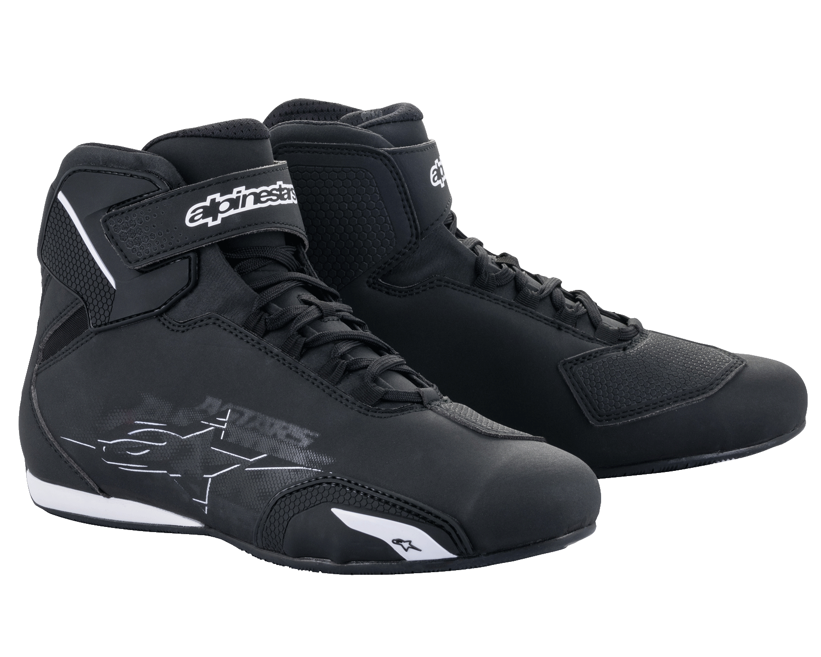Alpinestars Sektor Shoes, Motorcycle Riding Shoes, Black and White, featuring speed lacing system and hook-and-loop ankle straps, sleek microfiber upper with protective reinforcements, performance footwear for road riding