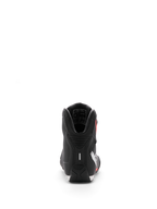 Alpinestars Sektor Schoen, motorschoenen, zwart wit rood fluo, achteraanzicht met focus op de hiel en interne enkelvulling, strakke microvezelafwerking voor sport- en weggebruik