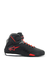 Alpinestars Sektor Shoes, Motorcycle Riding Shoes, Black and Bright Red, side view showing black microfiber upper, bright red laces, red star logo, and adjustable ankle strap, sleek design for road and sport riding