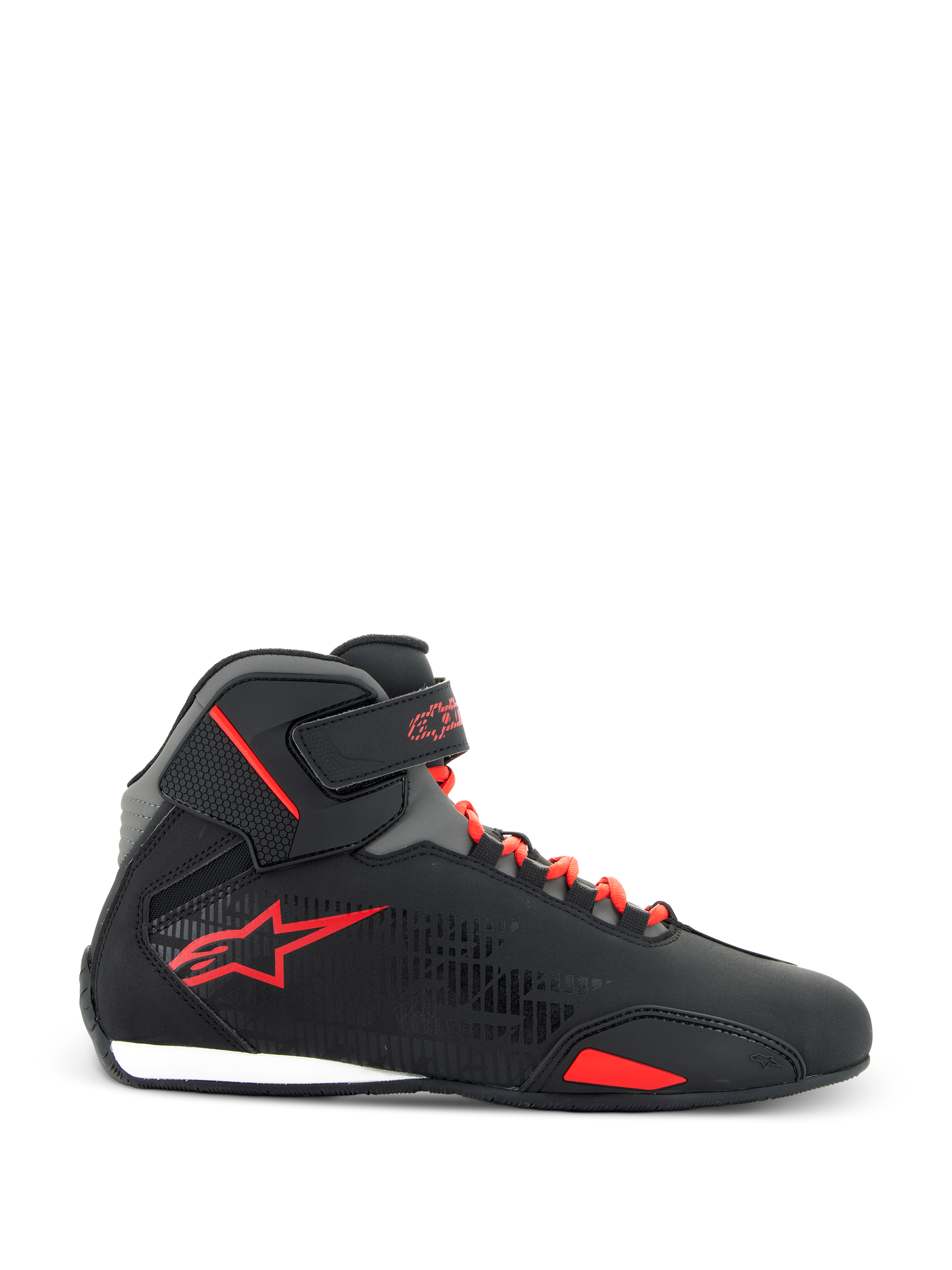 Alpinestars Sektor Shoes, Motorcycle Riding Shoes, Black and Bright Red, side view showing black microfiber upper, bright red laces, red star logo, and adjustable ankle strap, sleek design for road and sport riding