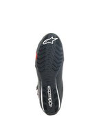 Alpinestars Sektor Shoes, Motorcycle Riding Shoes, Black and Bright Red, bottom view of textured rubber sole featuring white Alpinestars branding and integrated support shank for grip and stability.