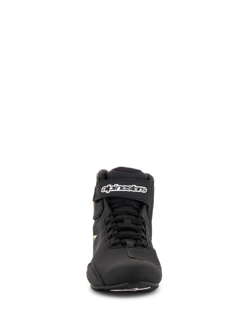 Alpinestars Sektor schoenen, motorschoenen, zwart en fluorgeel, vooraanzicht met snelvetersysteem, enkelbandje met witte branding en lichtgewicht microvezelconstructie