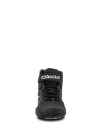 Alpinestars Sektor schoenen, motorschoenen, zwart en fluorgeel, vooraanzicht met snelvetersysteem, enkelbandje met witte branding en lichtgewicht microvezelconstructie