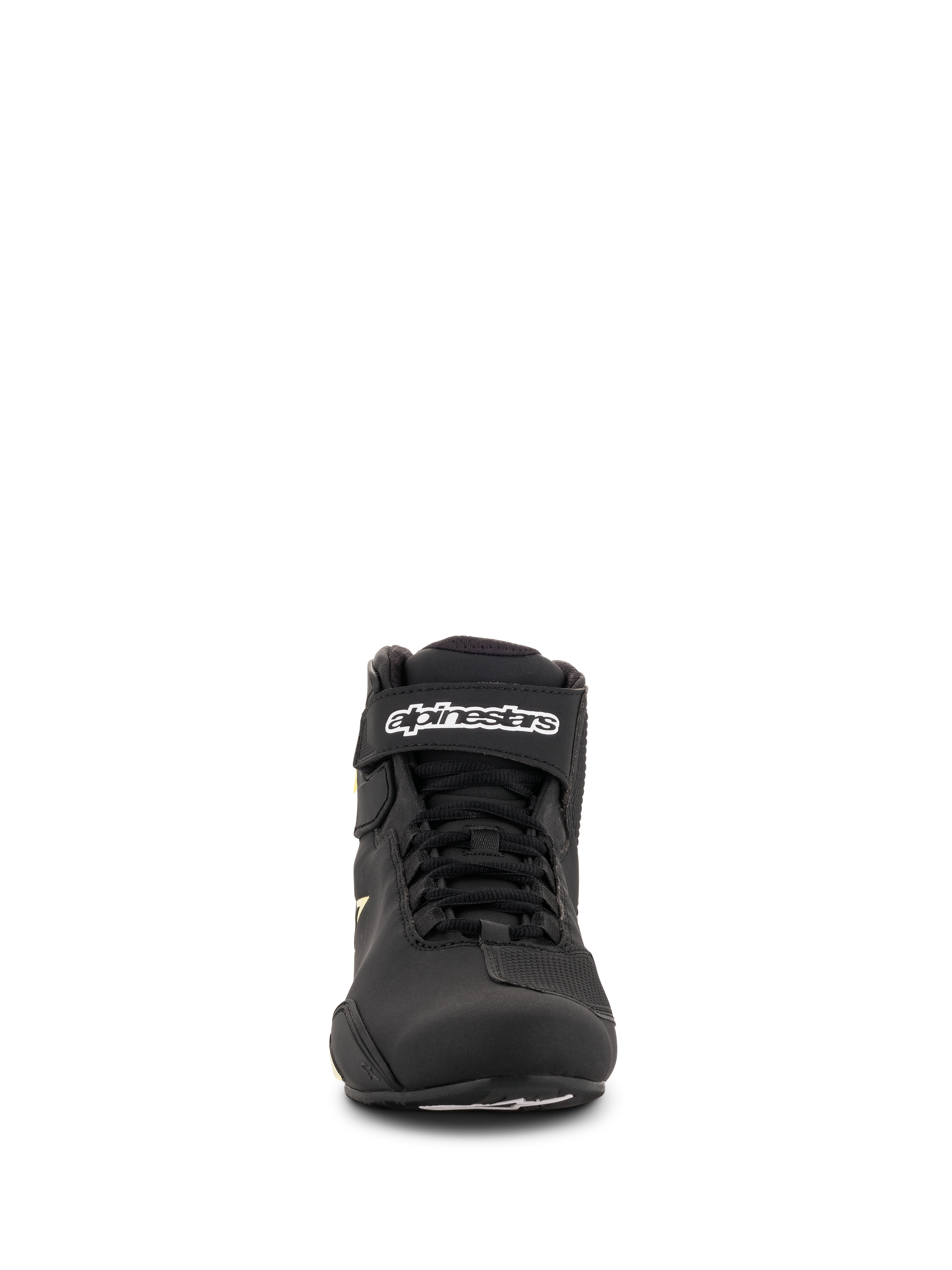 Alpinestars Sektor schoenen, motorschoenen, zwart en fluorgeel, vooraanzicht met snelvetersysteem, enkelbandje met witte branding en lichtgewicht microvezelconstructie