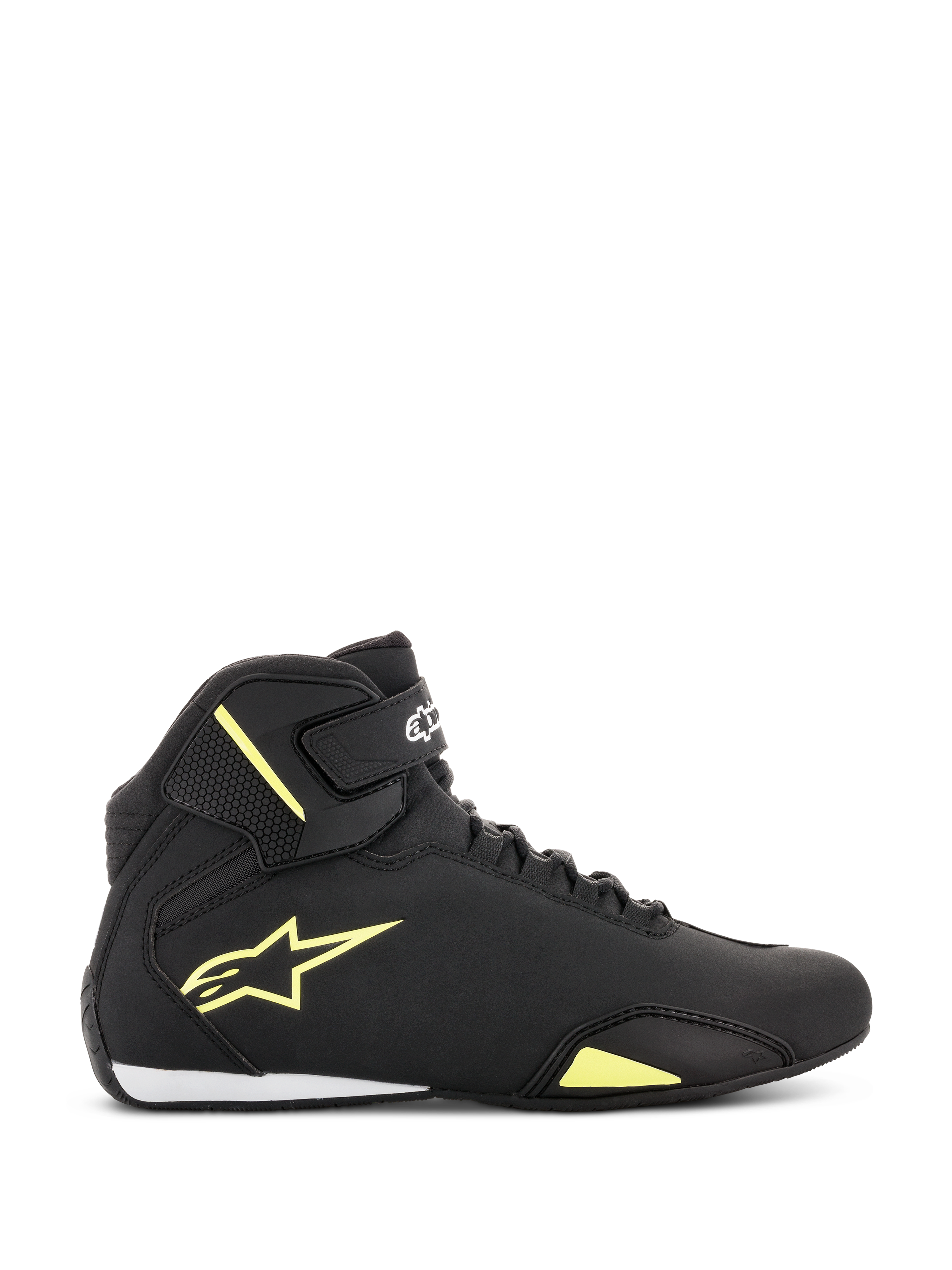 Alpinestars Sektor schoenen, motorschoenen, zwart en fluorgeel, zijaanzicht met geel sterlogo, enkelbandje met merklogo en wit hielaccent op een strak bovenwerk van microvezel