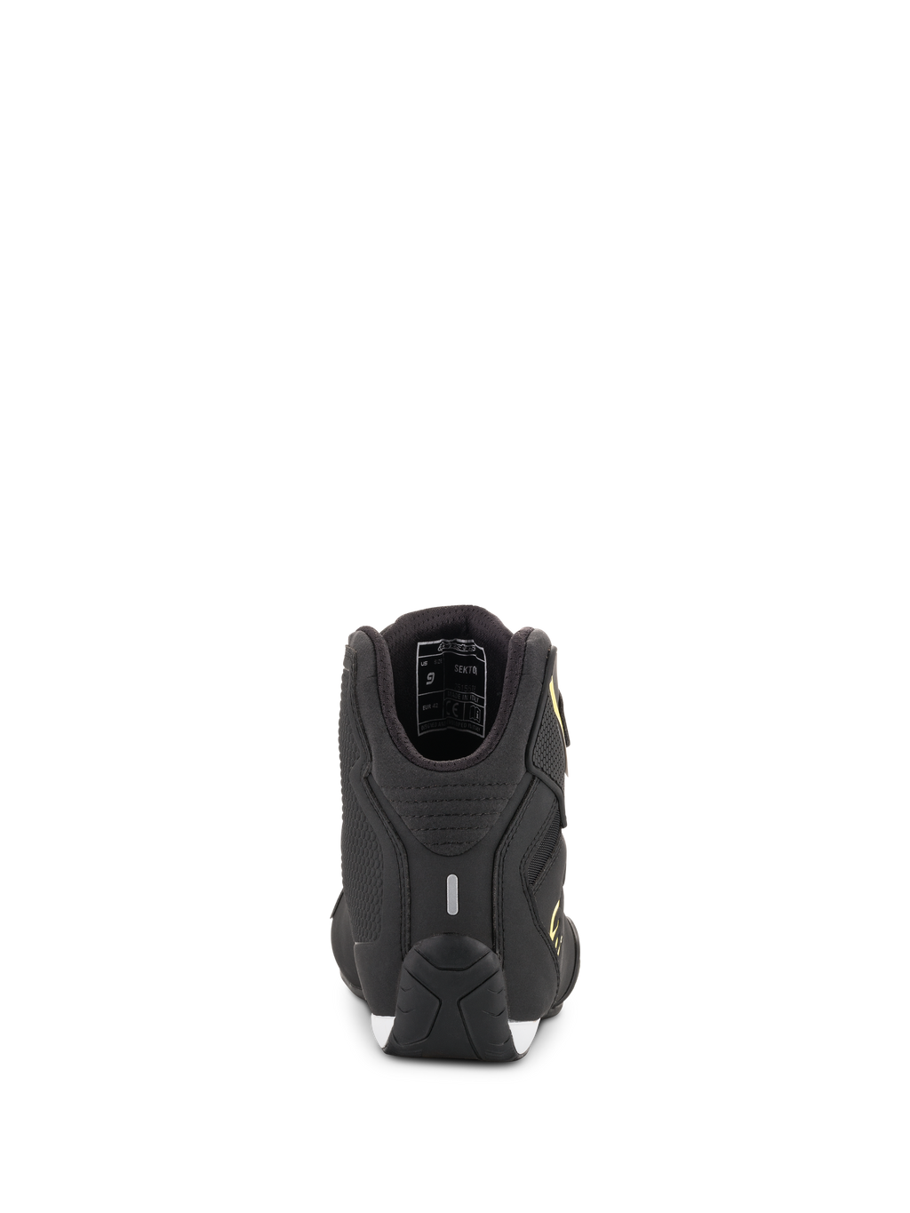 Alpinestars Sektor schoenen, motorschoenen, zwart en geel fluo, achteraanzicht met hiel met reflecterende strip en details van de binnenvoering, getextureerde performance zool