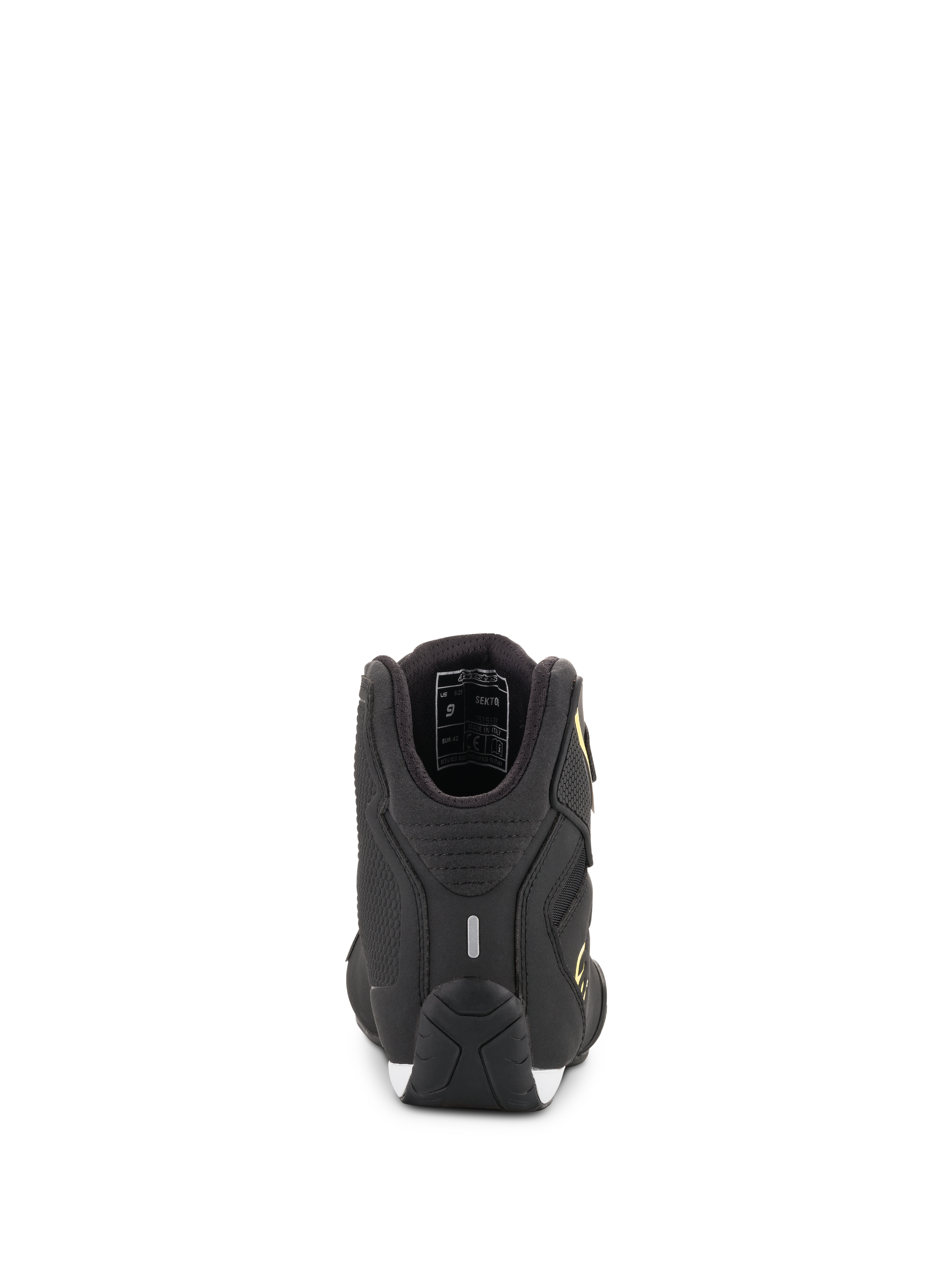 Alpinestars Sektor schoenen, motorschoenen, zwart en geel fluo, achteraanzicht met hiel met reflecterende strip en details van de binnenvoering, getextureerde performance zool