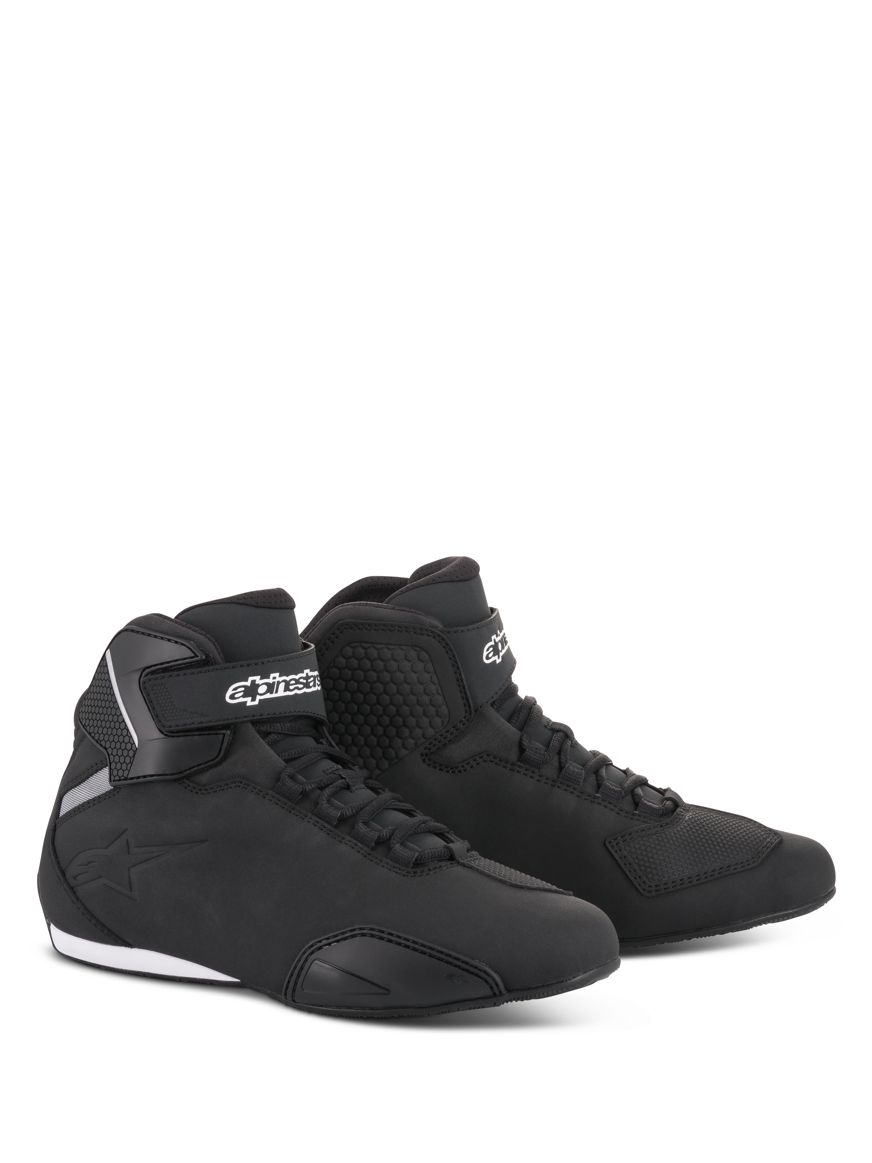 Alpinestars Sektor Shoes, Motorcycle Riding Shoes, Black, sleek mid-cut profile with microfiber upper, speed lacing system, white Alpinestars logo on the ankle strap, and durable rubber sole