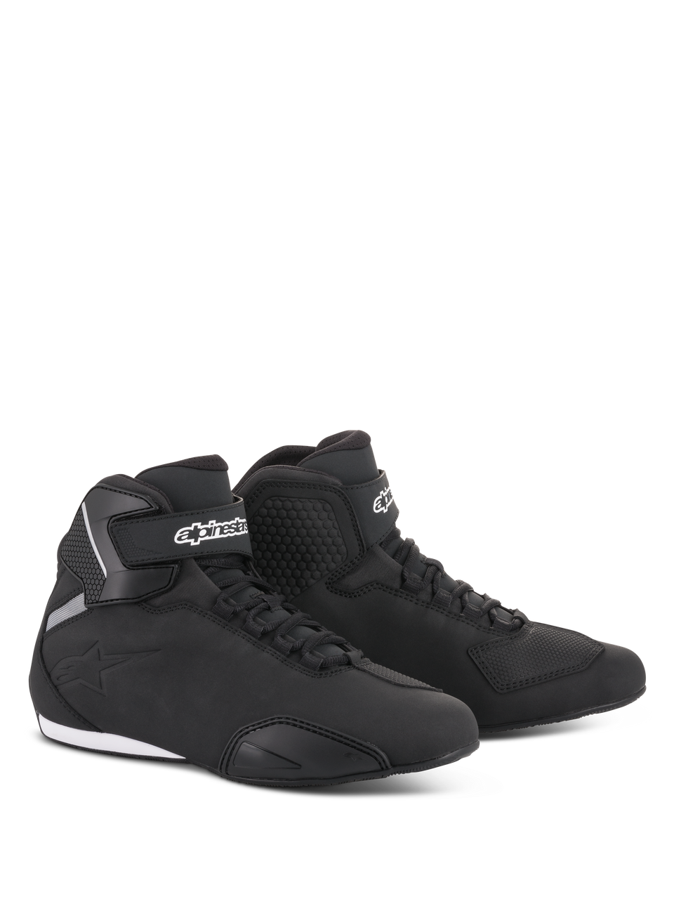 Alpinestars Sektor Shoes, Motorcycle Riding Shoes, Black, sleek mid-cut profile with microfiber upper, speed lacing system, white Alpinestars logo on the ankle strap, and durable rubber sole
