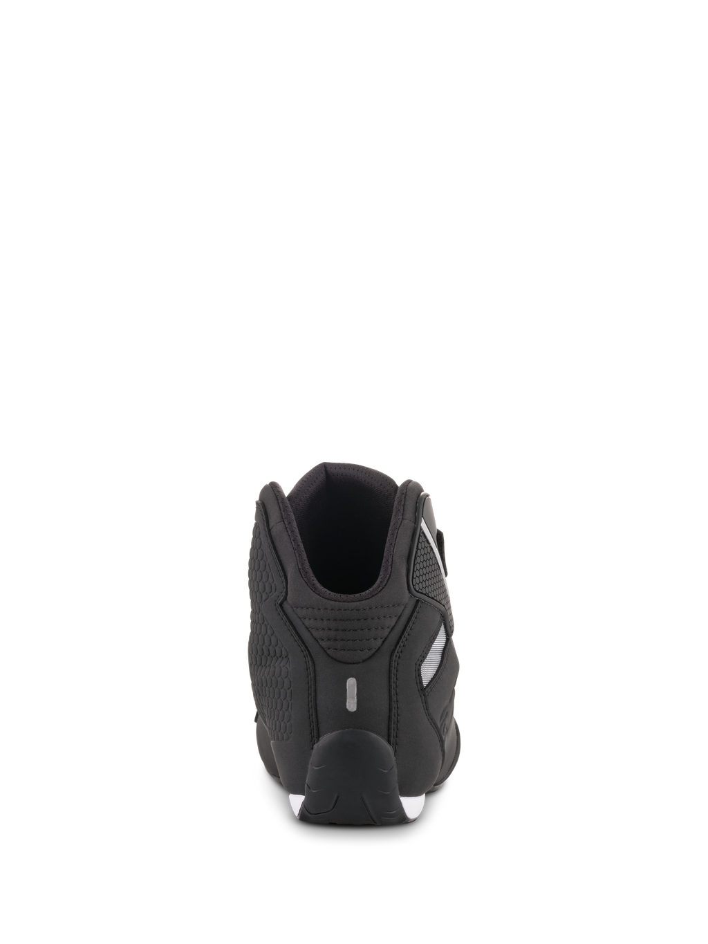 Alpinestars Sektor Shoes, Black, Rear View, showing heel construction with reflective detail and textured side panel, lightweight microfiber motorcycle riding footwear for sport and road use