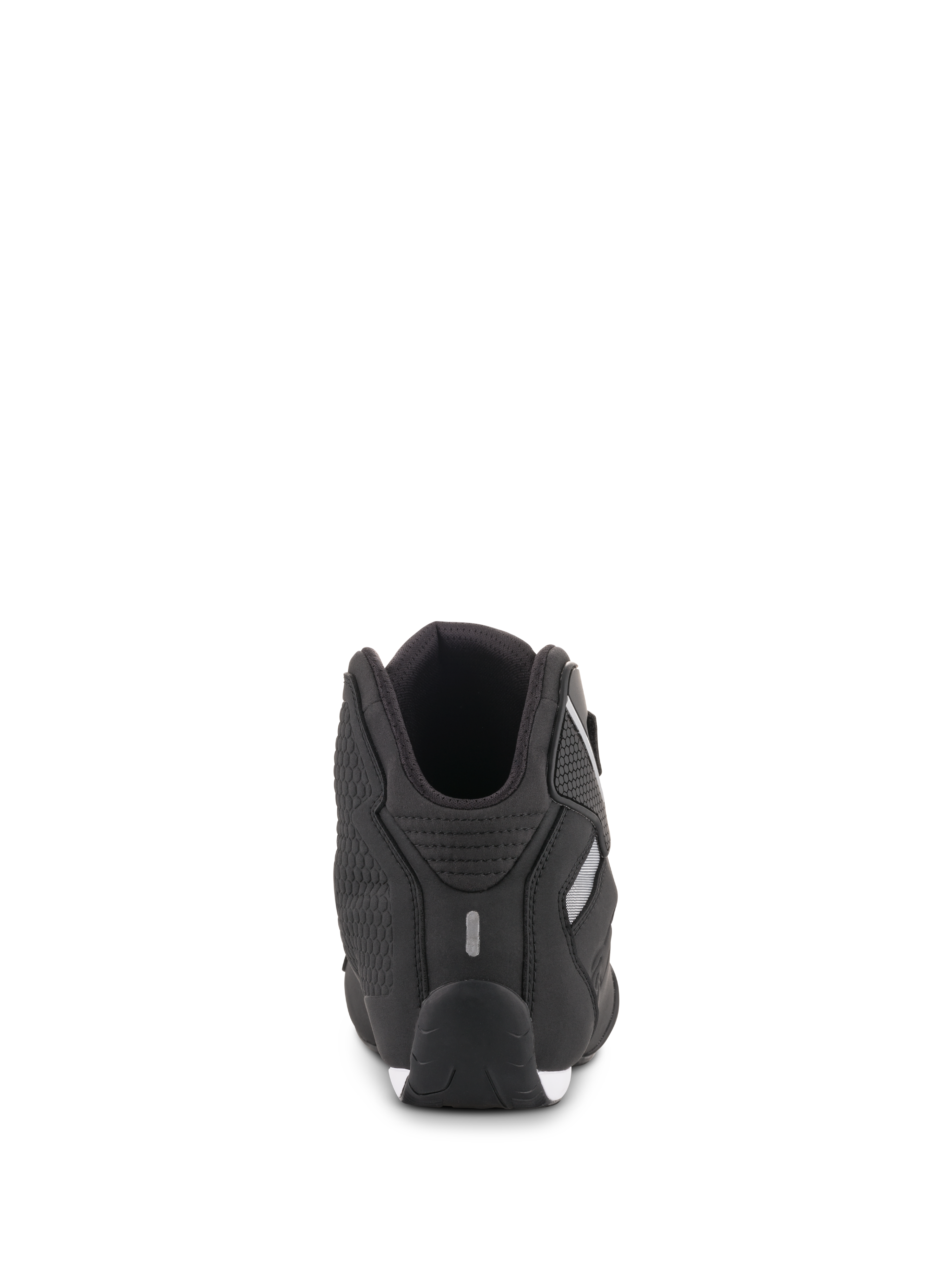 Alpinestars Sektor Shoes, Black, Rear View, showing heel construction with reflective detail and textured side panel, lightweight microfiber motorcycle riding footwear for sport and road use