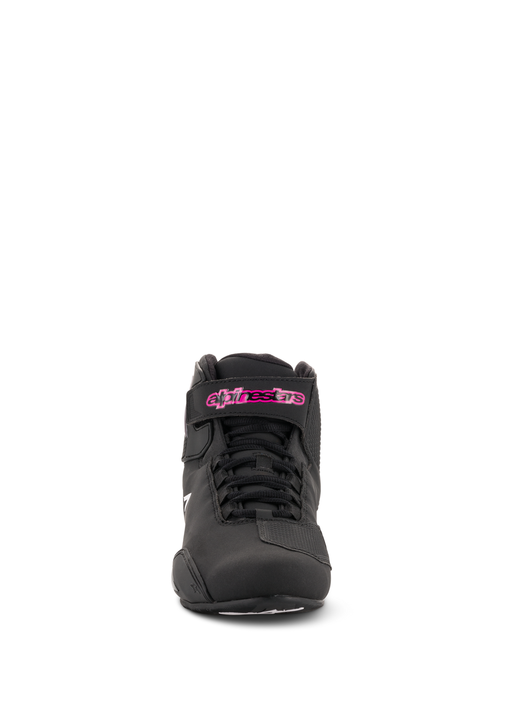 Alpinestars Women Stella Sektor Shoes, Motorcycle Riding Shoes, Black Fuchsia, front view, featuring microfiber construction, black laces, and a fuchsia logo on the ankle strap, sleek sport-inspired design.