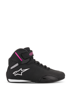 Alpinestars Stella Sektor damesschoenen, zwart met fuchsia hoge motorschoenen, wit sterlogo, roze accenten op de enkelband, zwarte veters, wit-zwarte zool, lichtgewicht microvezel constructie