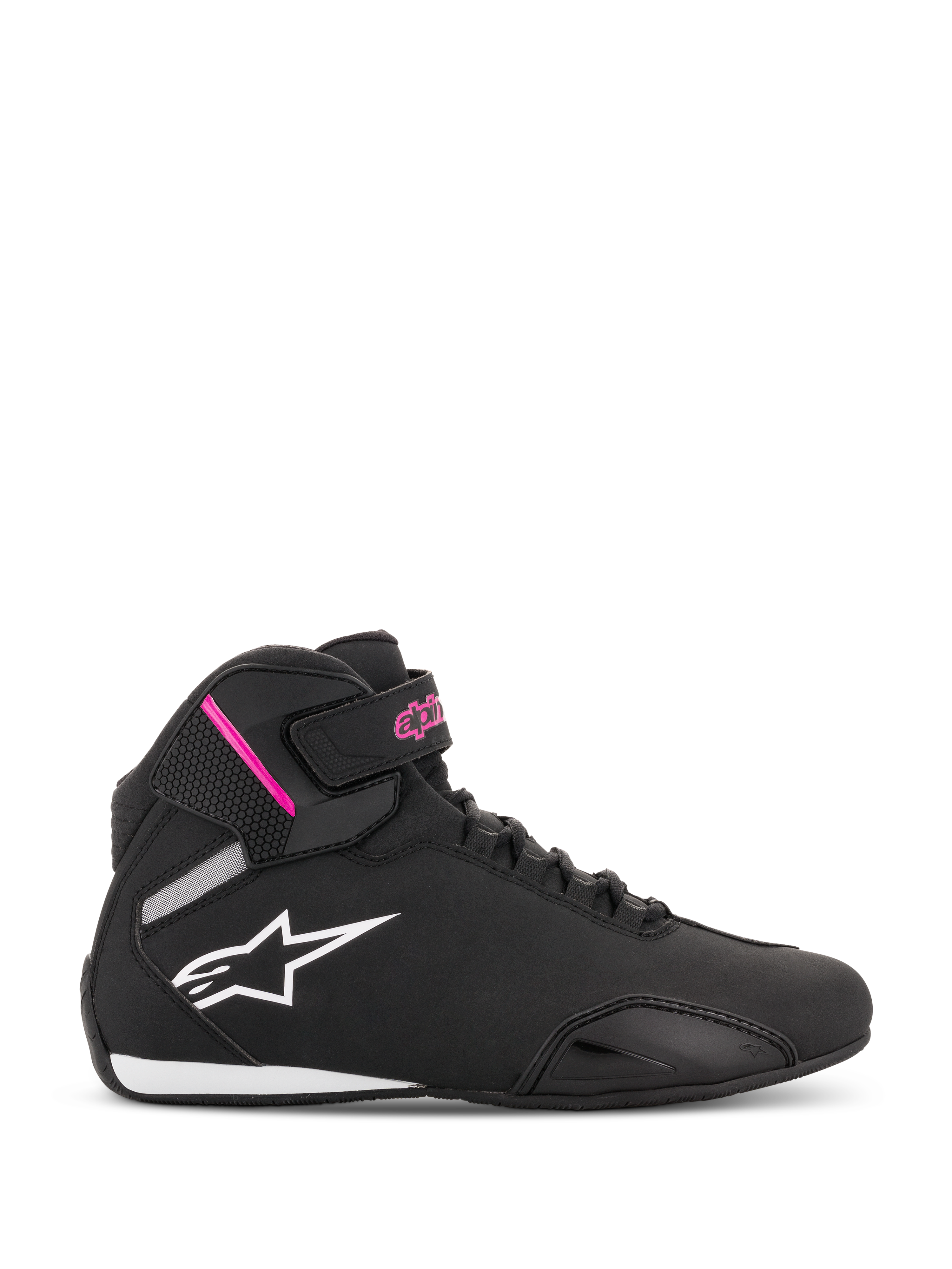 Alpinestars Stella Sektor damesschoenen, zwart met fuchsia hoge motorschoenen, wit sterlogo, roze accenten op de enkelband, zwarte veters, wit-zwarte zool, lichtgewicht microvezel constructie