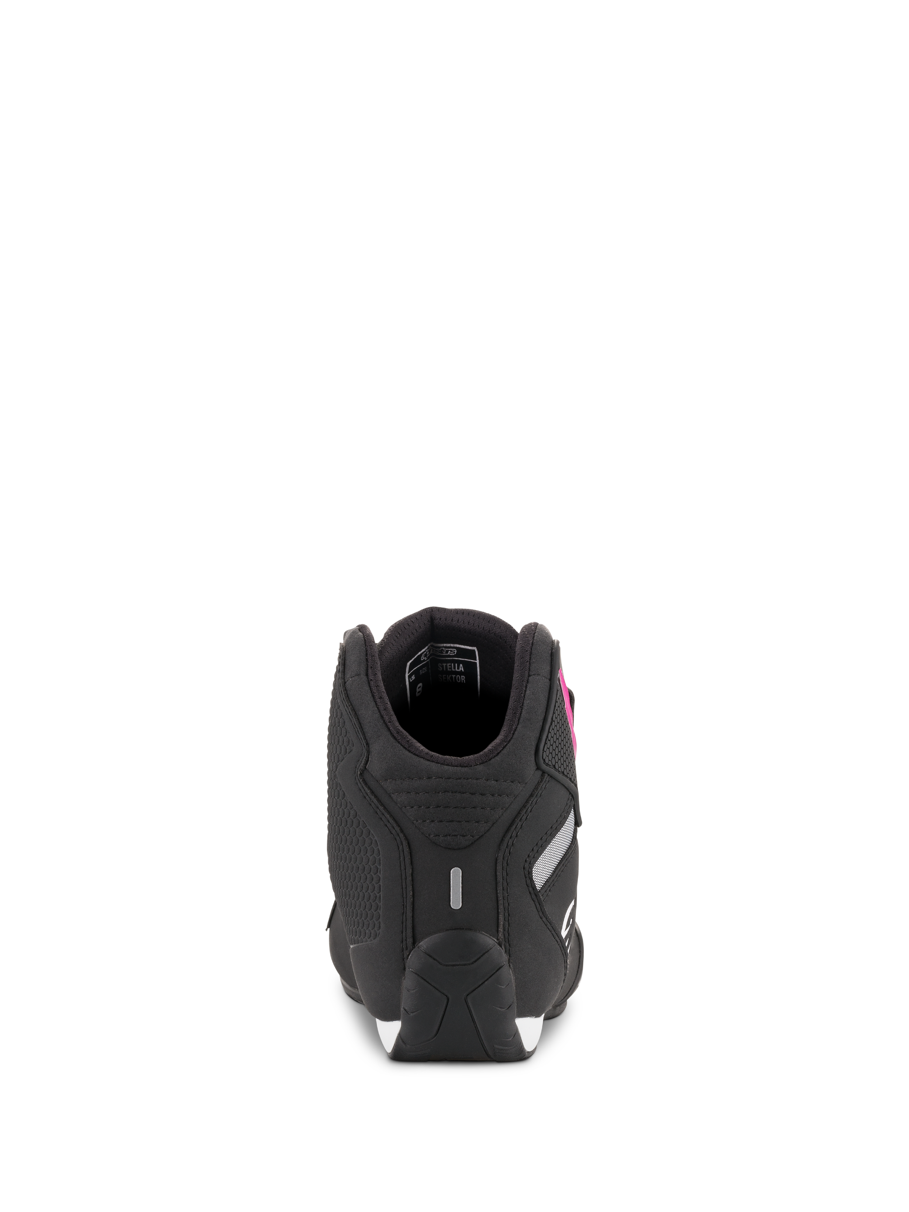 Alpinestars Women Stella Sektor Shoes, Black and Fuchsia, Rear view showing heel construction and reflective detail, lightweight microfiber motorcycle riding footwear.