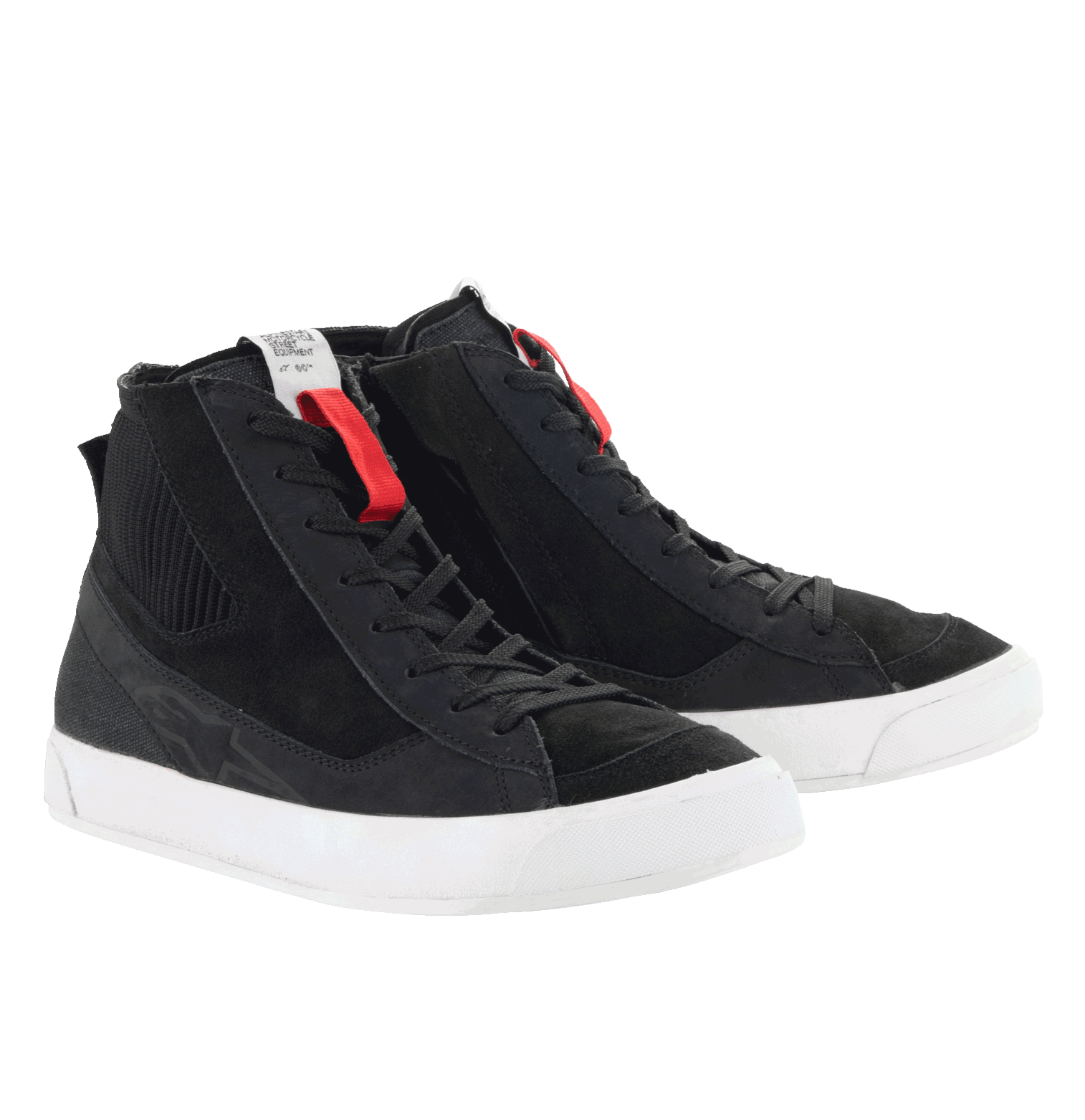 Alpinestars Stated schoenen, urban motorschoenen, zwart met witte zolen, retro straatsneaker-stijl, hoog model met nubuck en suède constructie, klassieke veters met rode accenten, beschermend stedelijk motorschoeisel