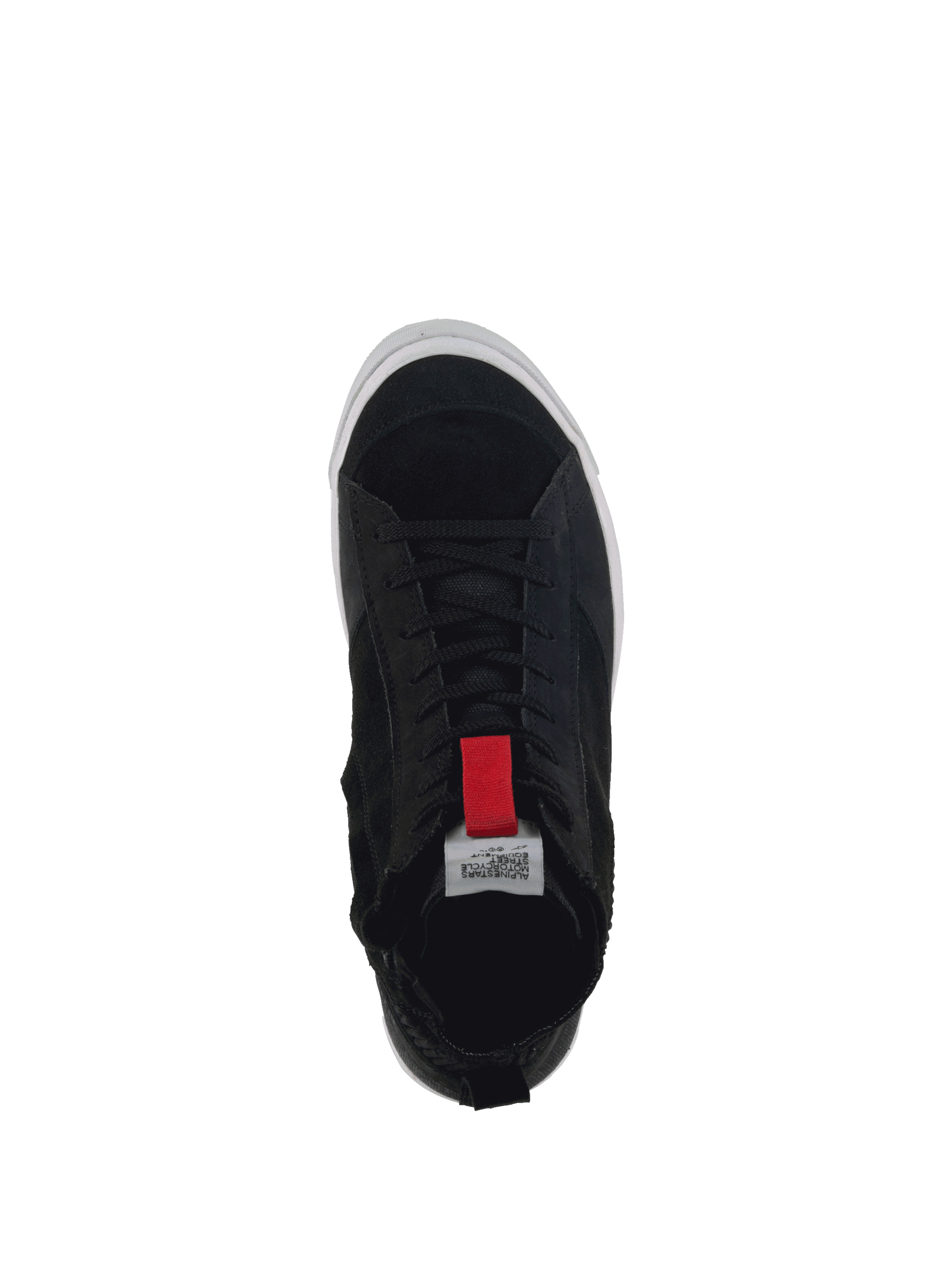 Alpinestars Stated Shoes, black urban motorcycle riding sneakers with red accents and suede construction.