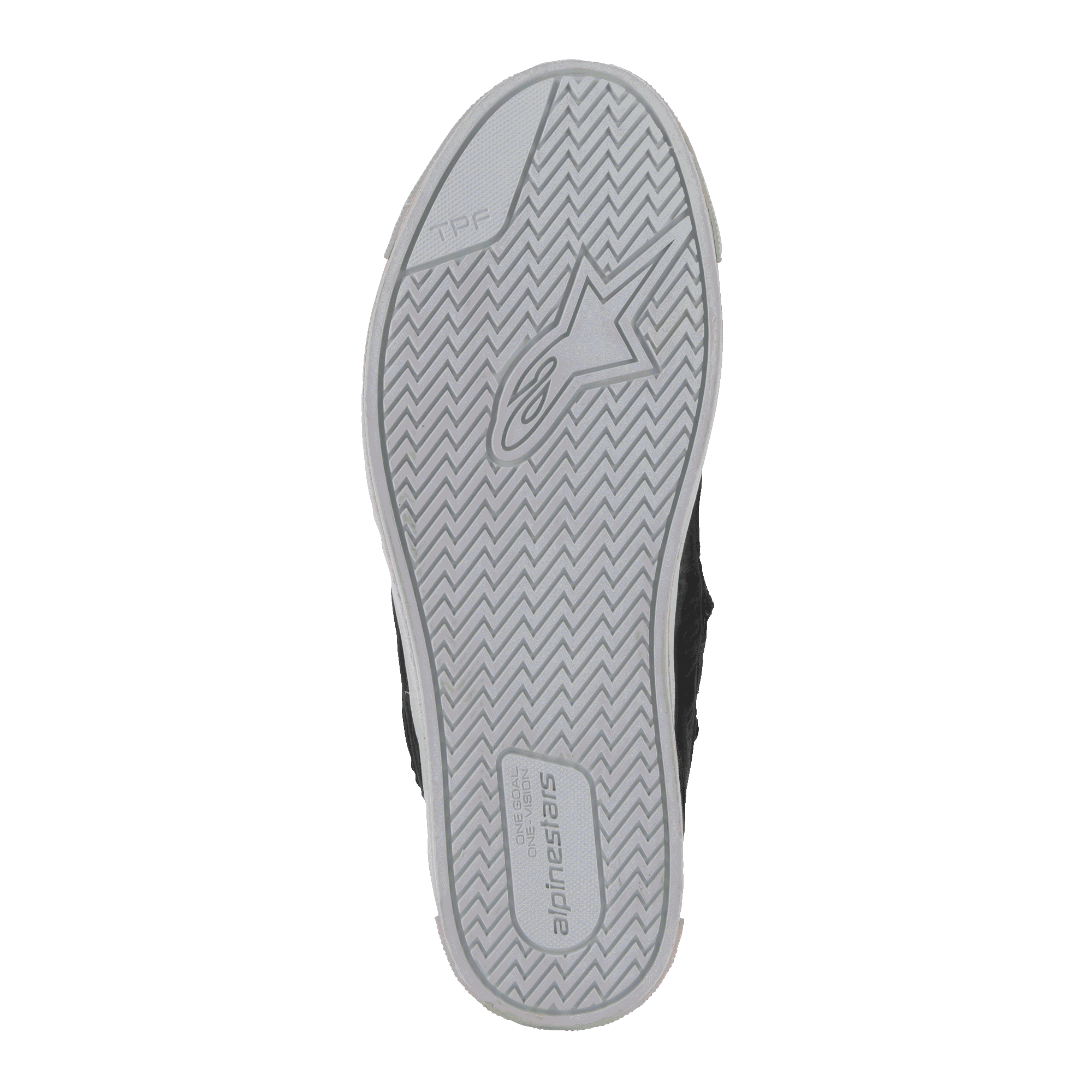Alpinestars Stated schoenen, onderaanzicht van de zool, lichtgrijs gevulkaniseerd rubber met visgraat-tractiepatroon, voorzien van Alpinestars sterlogo en TPF-branding, detail van een stedelijke motorrijschoen