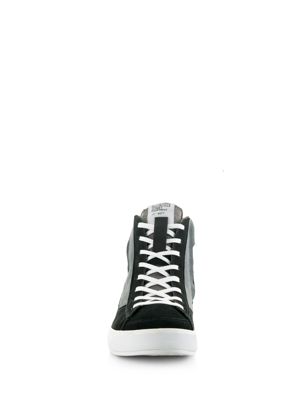 Alpinestars Stated-schoenen, zwart grijs en wit, vooraanzicht van hoge motorrij-sneaker, witte veters, zwarte suède neus, grijze canvas panelen, witte gevulkaniseerde zool, urban streetstyle