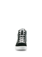 Alpinestars Stated-schoenen, zwart grijs en wit, vooraanzicht van hoge motorrij-sneaker, witte veters, zwarte suède neus, grijze canvas panelen, witte gevulkaniseerde zool, urban streetstyle