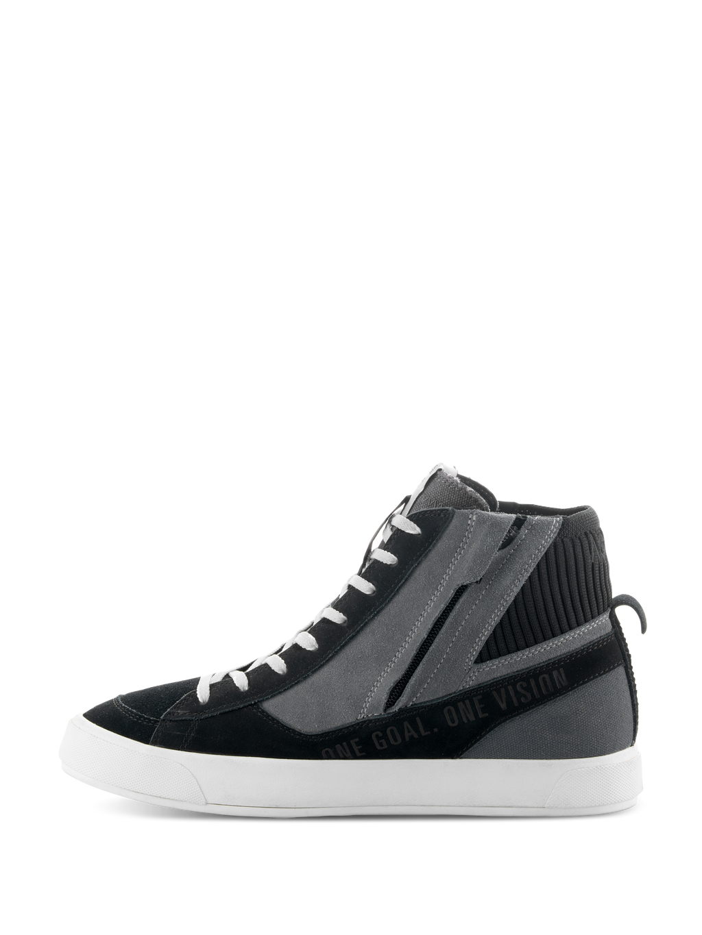 Alpinestars Stated Shoes, zwart, grijs en witte urban motorschoenen, zijprofiel met high-top sneakerontwerp, zijrits, witte gevulkaniseerde zool en "ONE GOAL. ONE VISION" tekst.