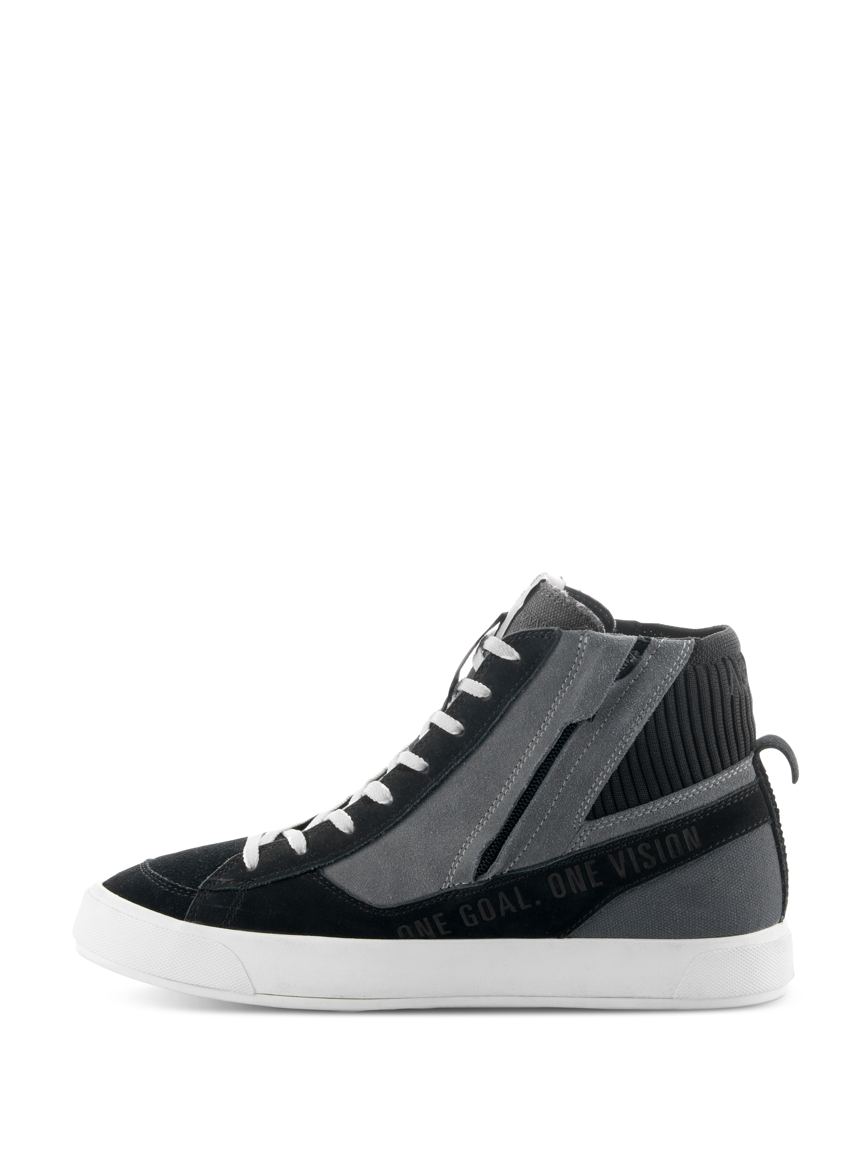 Alpinestars Stated Shoes, zwart, grijs en witte urban motorschoenen, zijprofiel met high-top sneakerontwerp, zijrits, witte gevulkaniseerde zool en "ONE GOAL. ONE VISION" tekst.