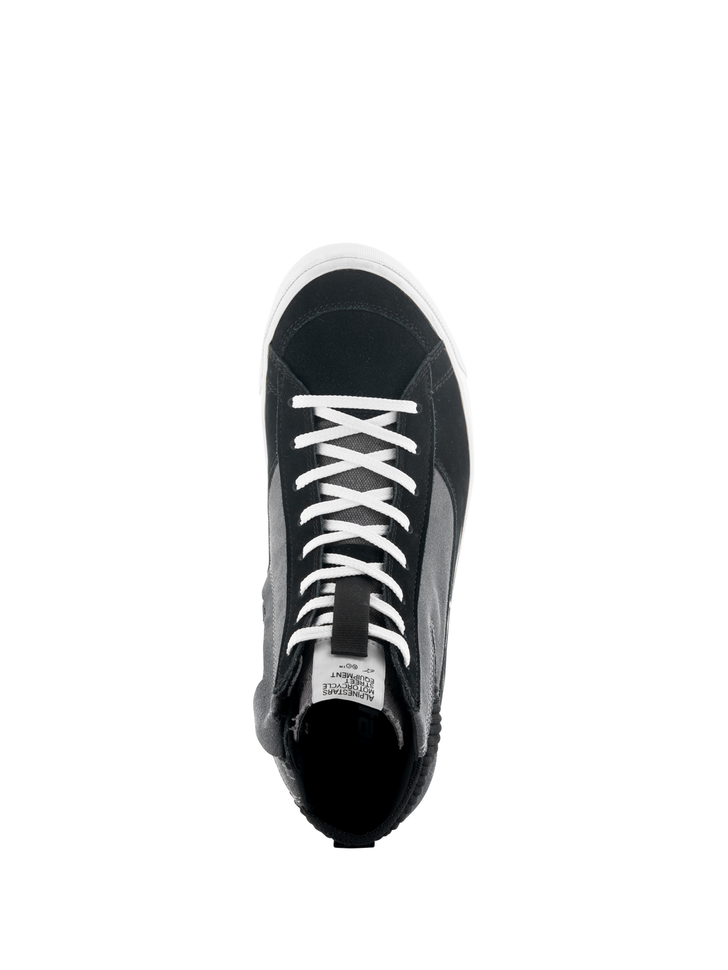 Alpinestars Stated Schoenen, bovenaanzicht van zwart, grijs en witte motorsneaker, met witte veters, bovenwerk van split suède en canvas, witte gevulkaniseerde zool, urban rijschoen