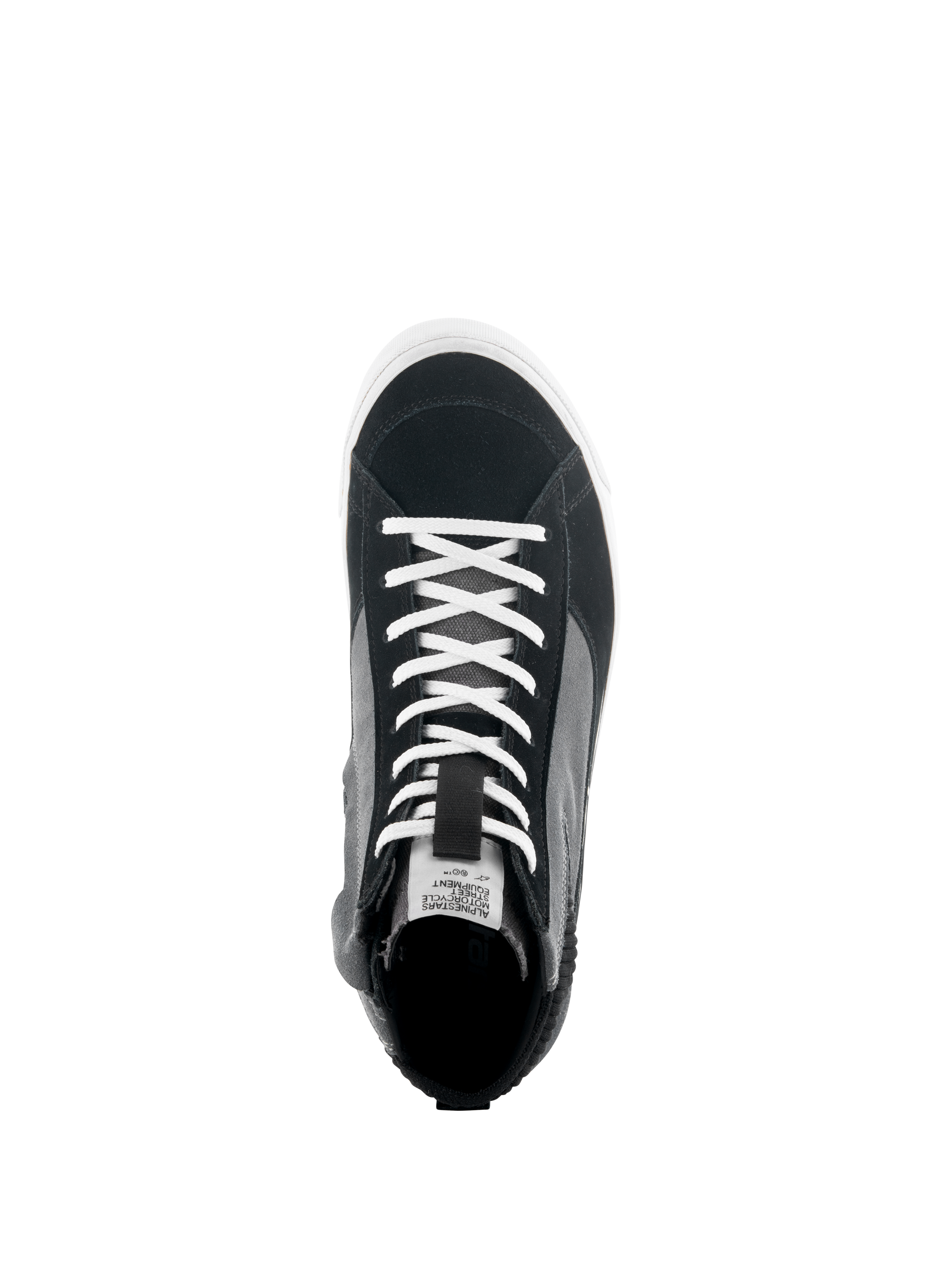 Alpinestars Stated Schoenen, bovenaanzicht van zwart, grijs en witte motorsneaker, met witte veters, bovenwerk van split suède en canvas, witte gevulkaniseerde zool, urban rijschoen