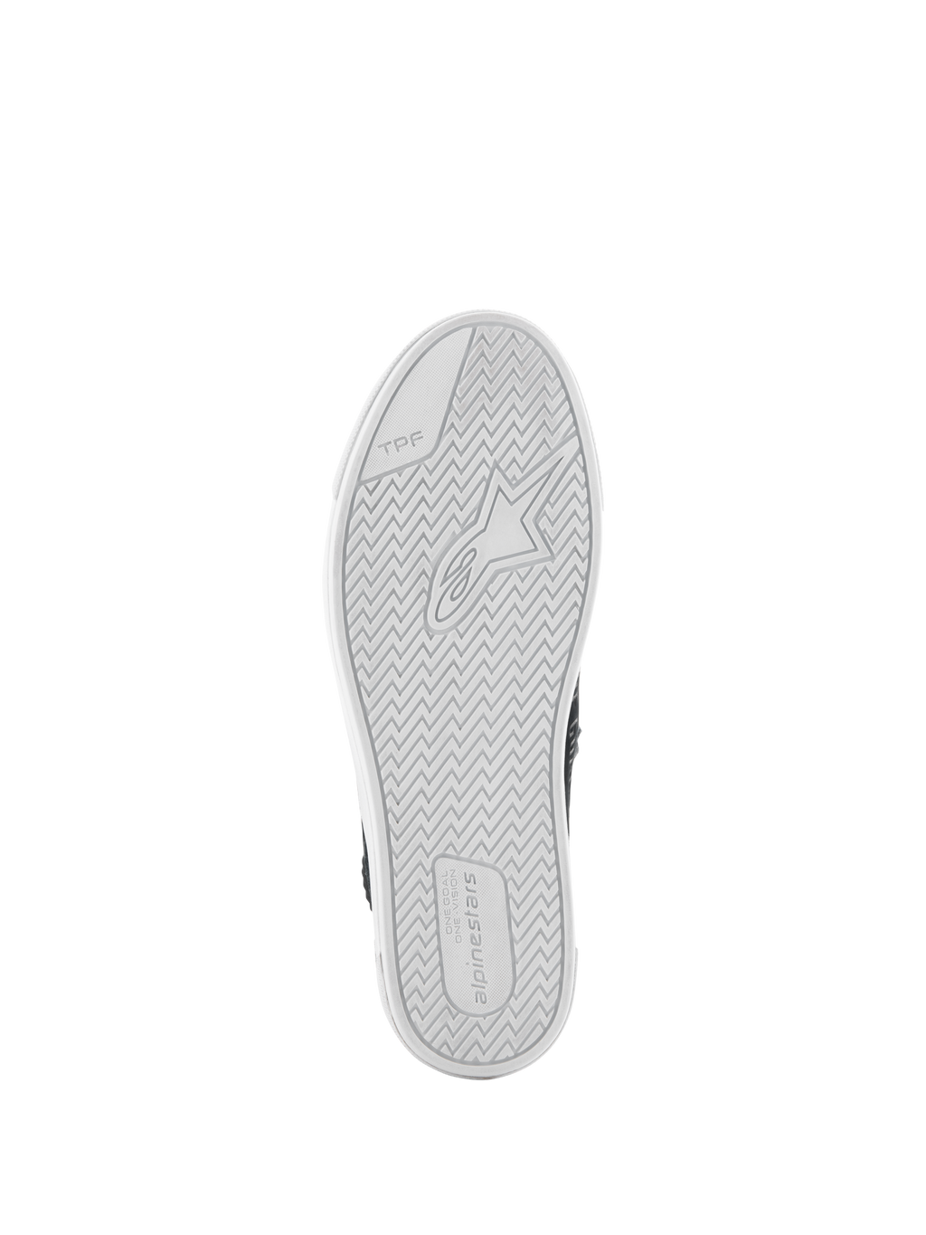 Alpinestars Stated schoenen, onderaanzicht, witte gevulkaniseerde rubberen buitenzool, visgraatprofiel met Alpinestars-logo en TPF-branding, urban motorschoenen