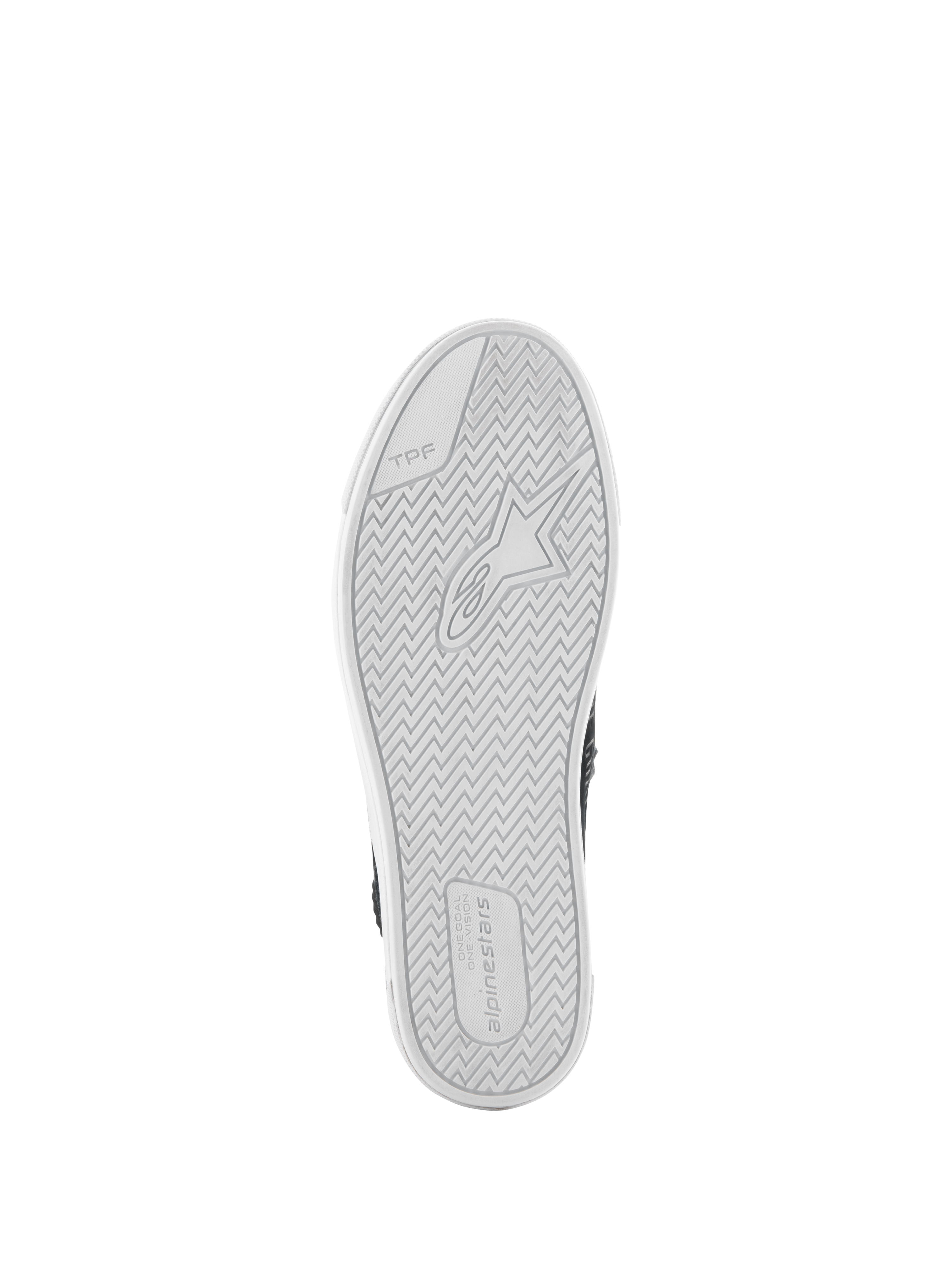 Alpinestars Stated schoenen, onderaanzicht, witte gevulkaniseerde rubberen buitenzool, visgraatprofiel met Alpinestars-logo en TPF-branding, urban motorschoenen