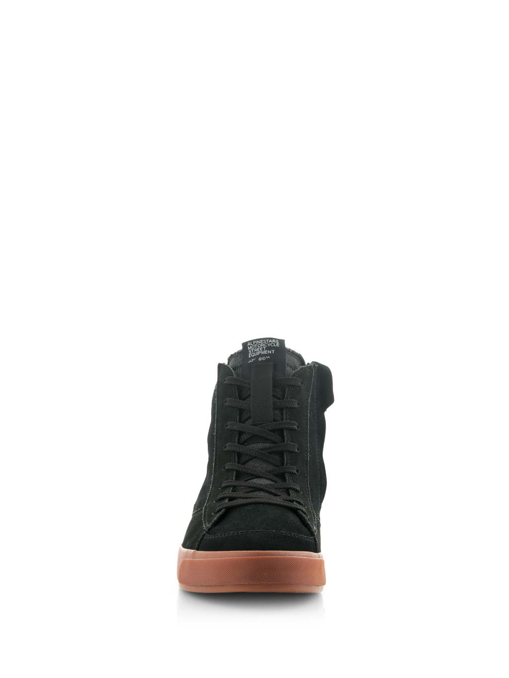 Alpinestars Stated Shoes, urban motorschoenen, Black Gum, vooraanzicht met zwart nubuck en suède bovenwerk, klassieke veters en getextureerde gumzool, op skate geïnspireerd beschermend schoeisel