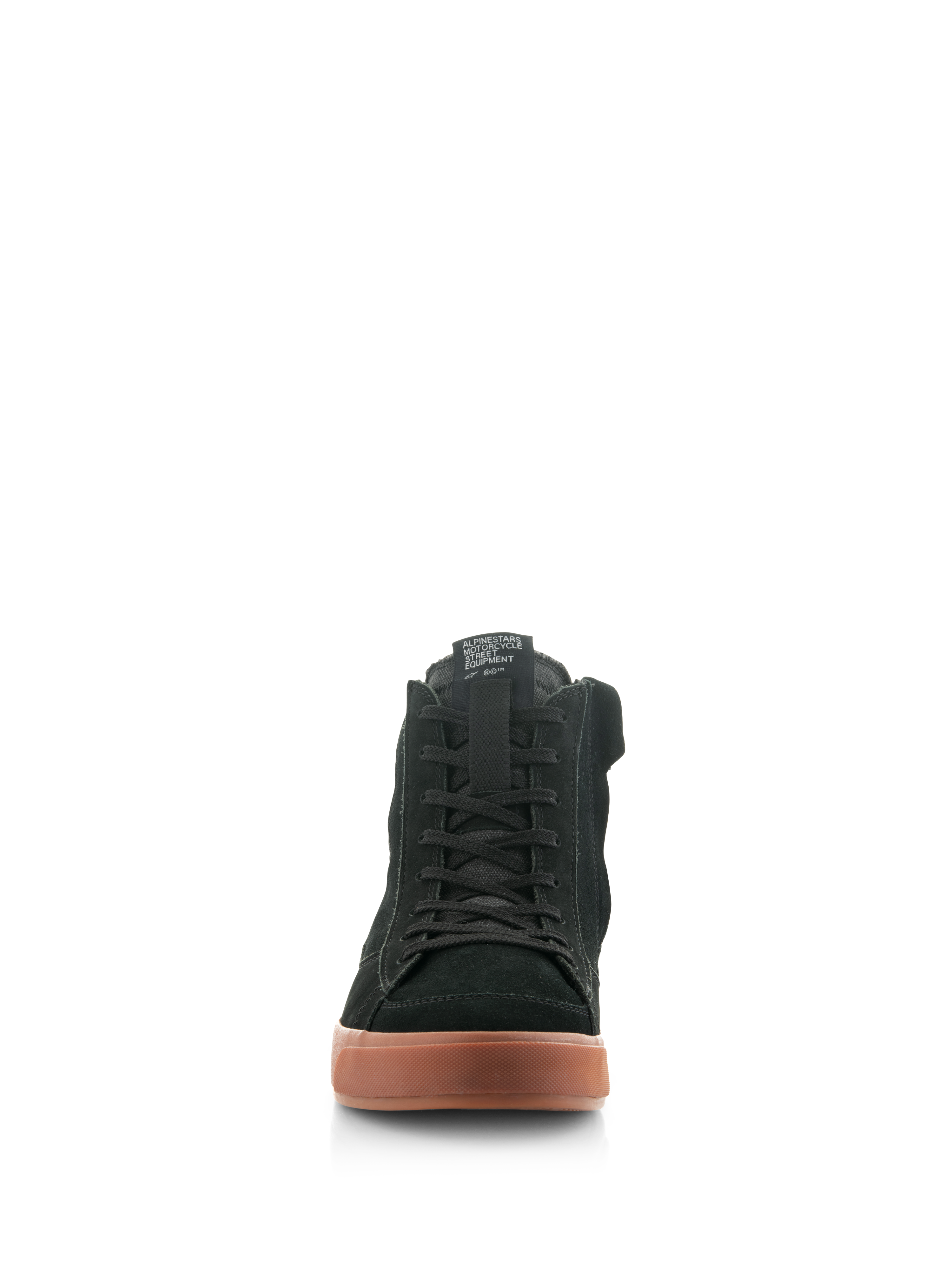 Alpinestars Stated Shoes, urban motorschoenen, Black Gum, vooraanzicht met zwart nubuck en suède bovenwerk, klassieke veters en getextureerde gumzool, op skate geïnspireerd beschermend schoeisel