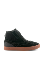 Alpinestars Stated Shoes, zwarte hoge motorsneaker met een bruine rubberen zool, bovenwerk van suède en canvas met een geribbelde gebreide enkelkraag, retro op skate geïnspireerd streetwear-ontwerp