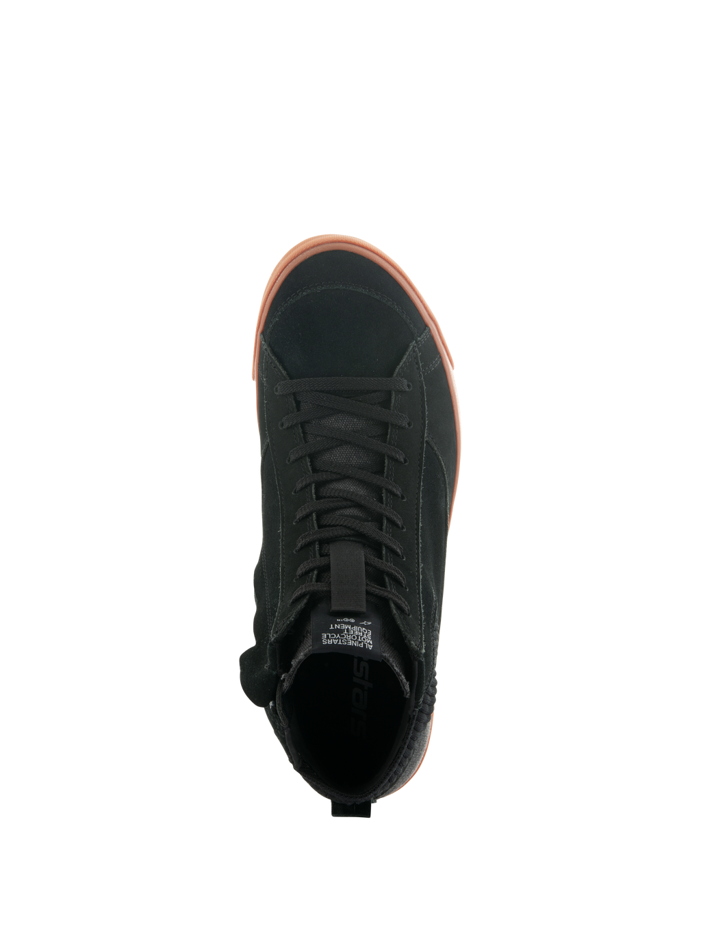 Alpinestars Stated Shoes, bovenaanzicht van urban motorschoen, zwart suède bovenwerk met gumkleurige gevulkaniseerde zool, minimalistisch op skate geïnspireerd ontwerp, klassieke veters en street sneaker styling.