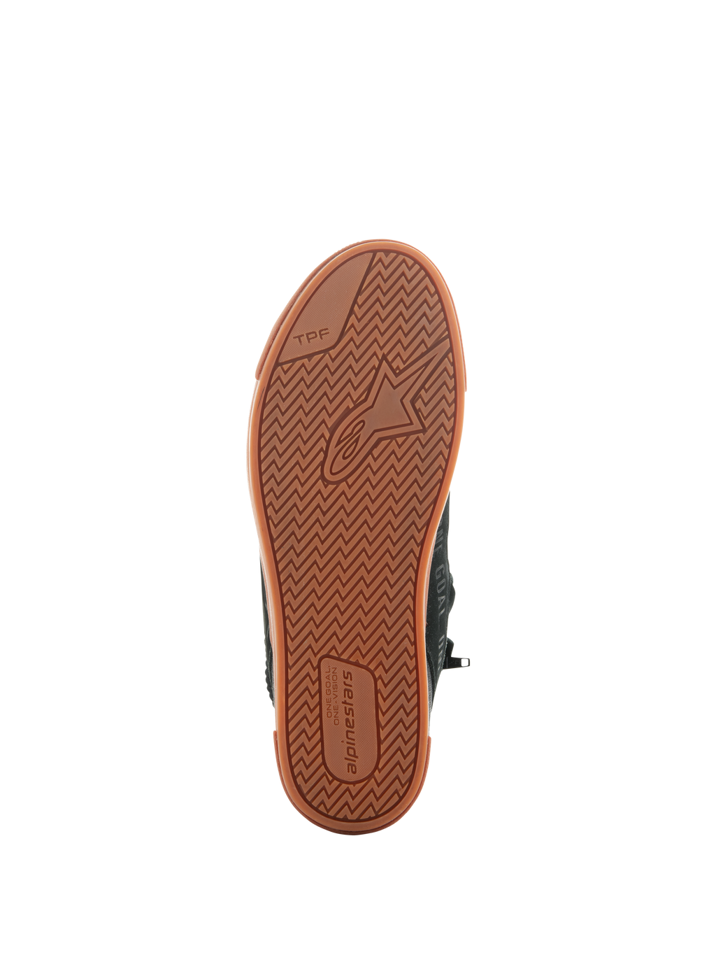 Alpinestars Stated schoenen, Black Gum, onderaanzicht van de gevulkaniseerde rubberen zool met een visgraatprofiel, Alpinestars-logo en TPF (Transversal Protection Frame) branding, urban motorschoenen