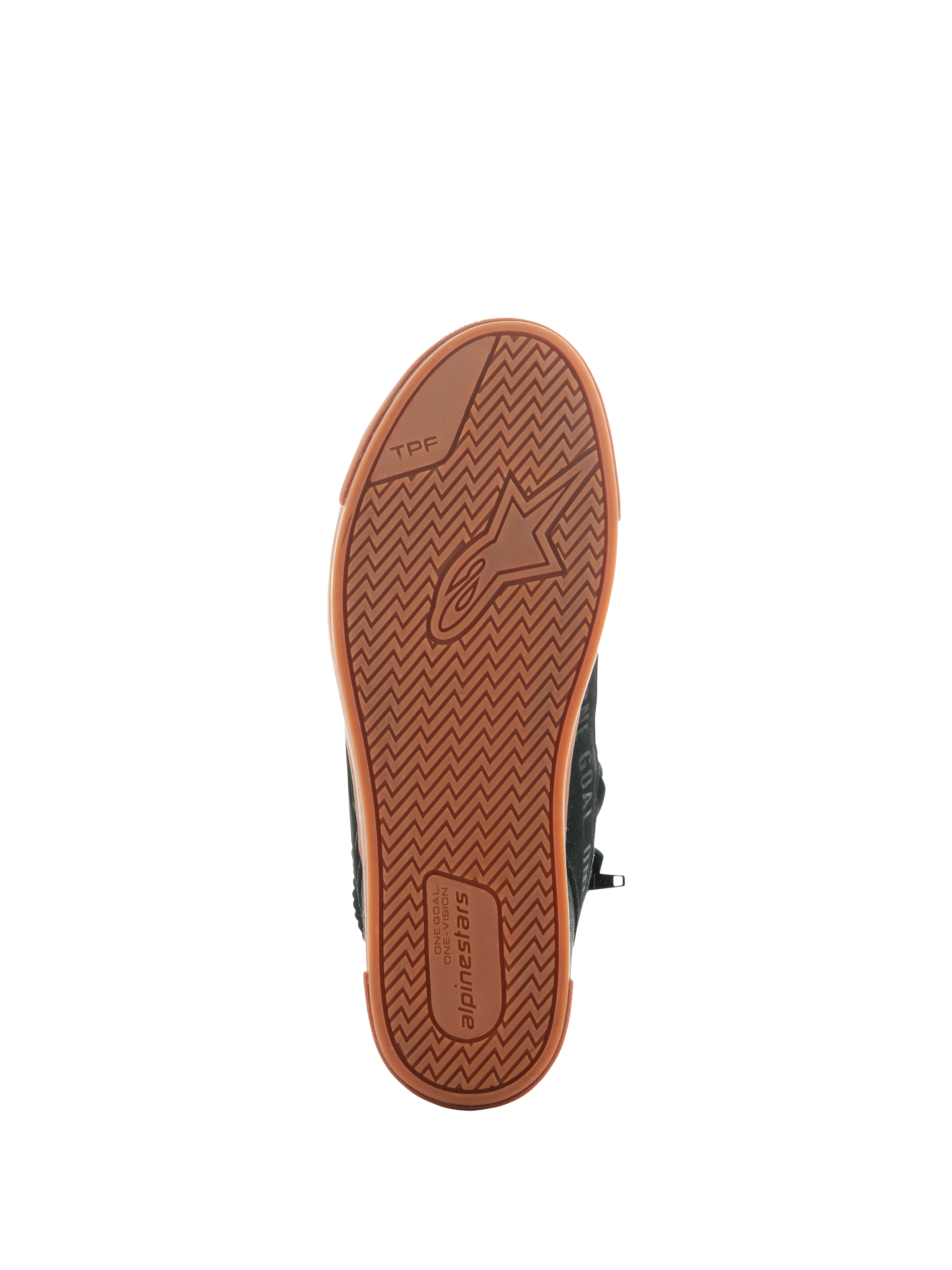 Alpinestars Stated schoenen, Black Gum, onderaanzicht van de gevulkaniseerde rubberen zool met een visgraatprofiel, Alpinestars-logo en TPF (Transversal Protection Frame) branding, urban motorschoenen