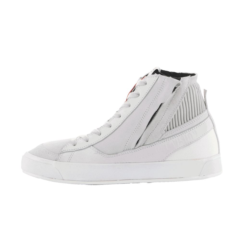 Alpinestars Stated Shoes, urban motorschoenen, wit en koel grijs, high-top sneakerstijl, constructie van nubuck en suède, rits aan de zijkant, witte gevulkaniseerde zool, geribbelde enkelkraag