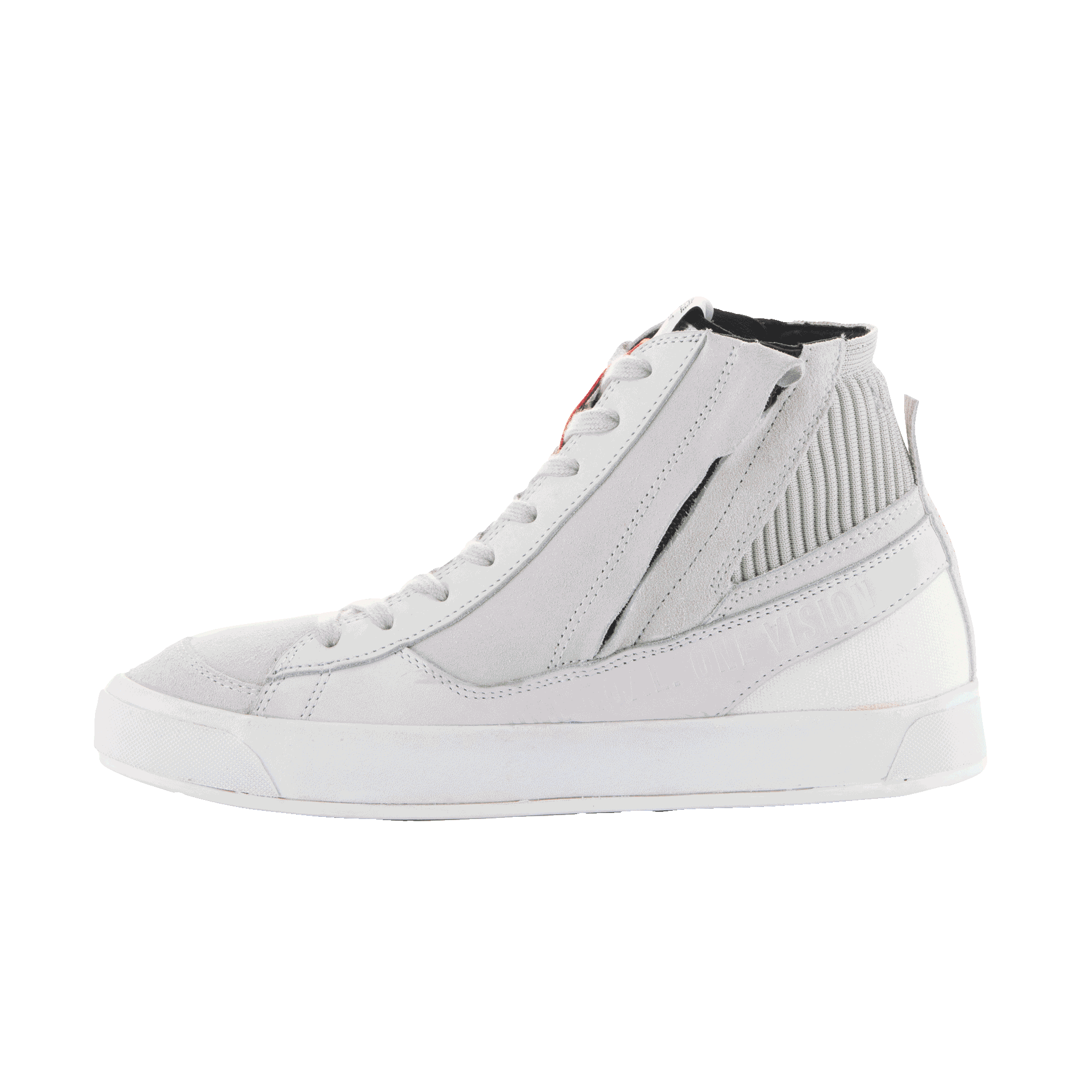 Alpinestars Stated Shoes, urban motorschoenen, wit en koel grijs, high-top sneakerstijl, constructie van nubuck en suède, rits aan de zijkant, witte gevulkaniseerde zool, geribbelde enkelkraag