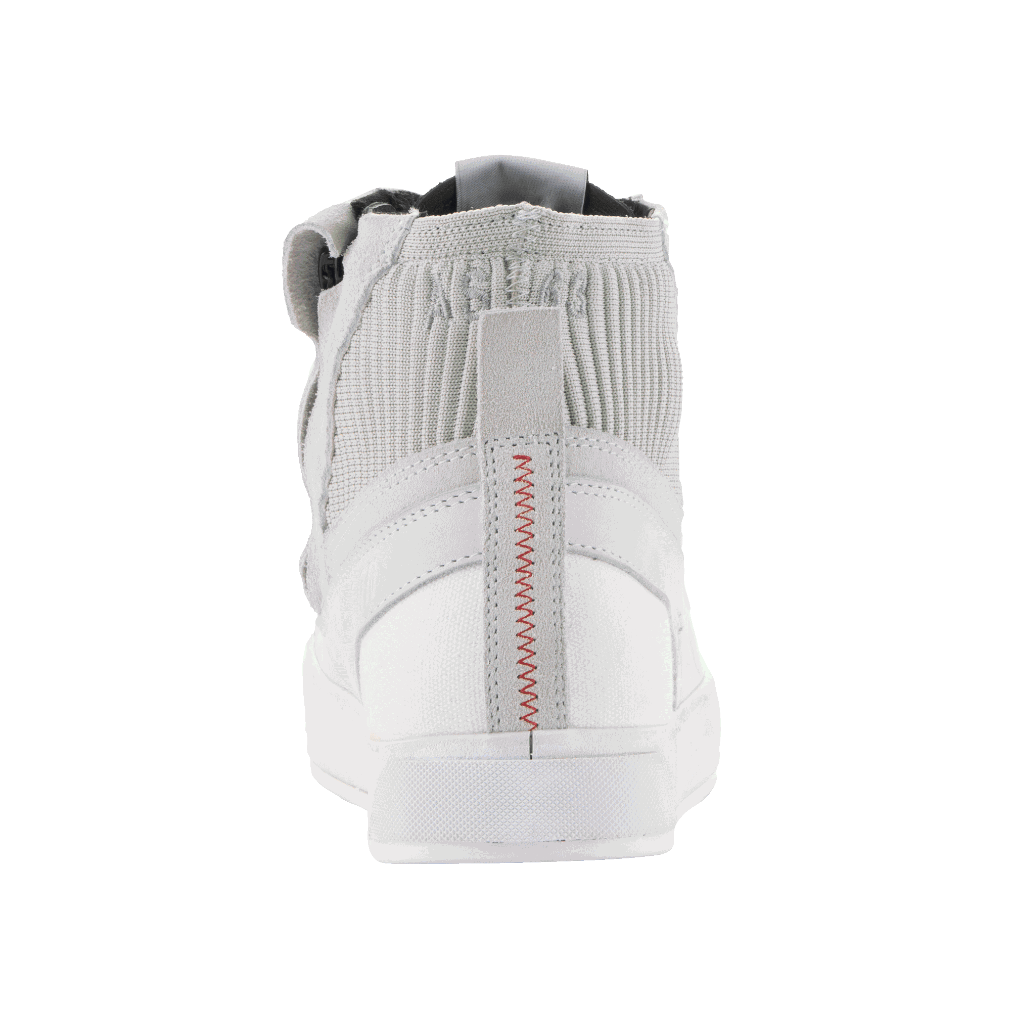 Alpinestars Stated schoenen, motorschoenen, White Cool Gray, achteraanzicht met rode zigzag-stiksels op de hiel, gebreide mesh enkelkraag en witte gevulkaniseerde zool, urban sneaker-ontwerp
